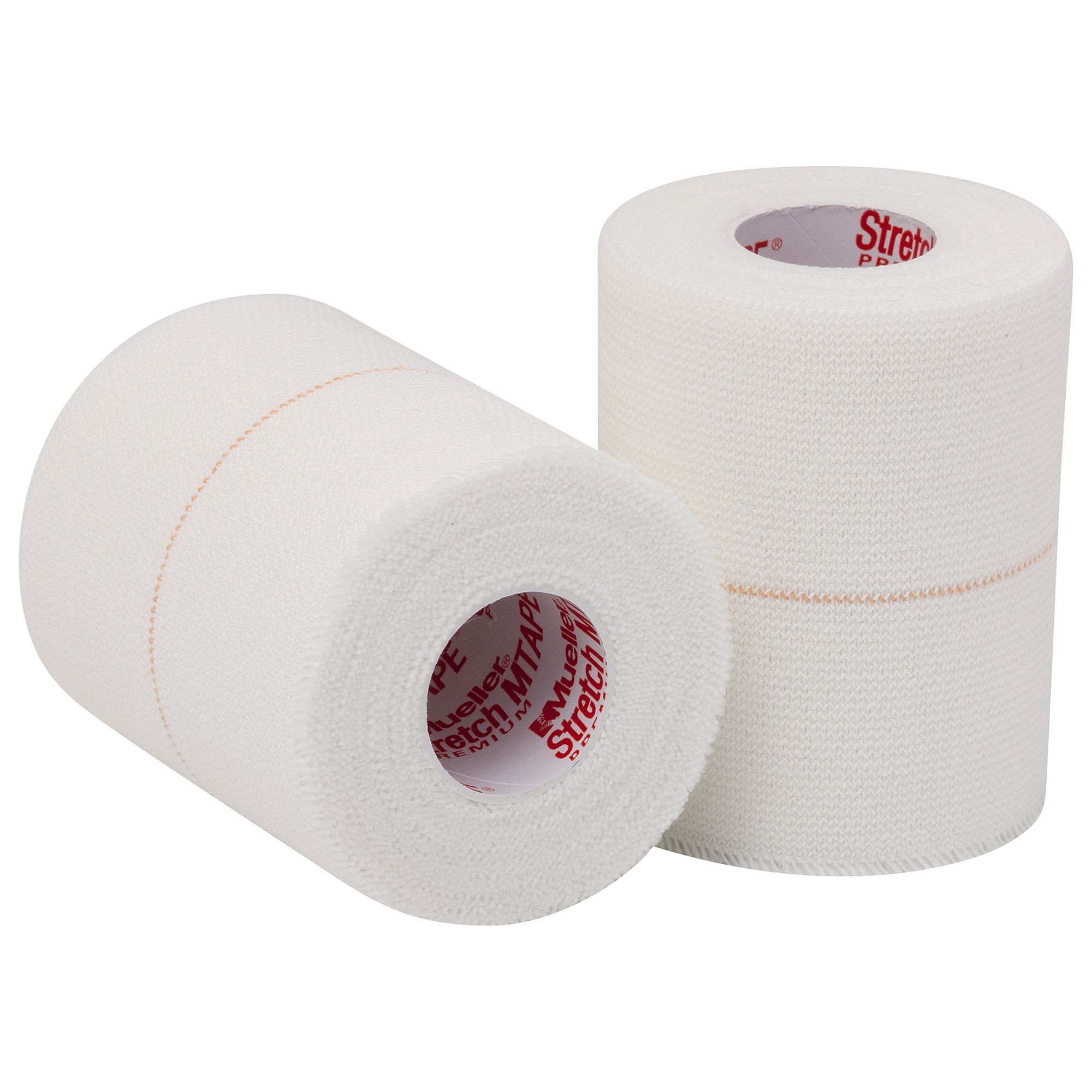Zwei Rollen weißes Stretch-Tape. Der Markenname "Mueller Stretch M-Tape" ist auf einer Rolle sichtbar. Beide Rollen sind nebeneinander angeordnet.