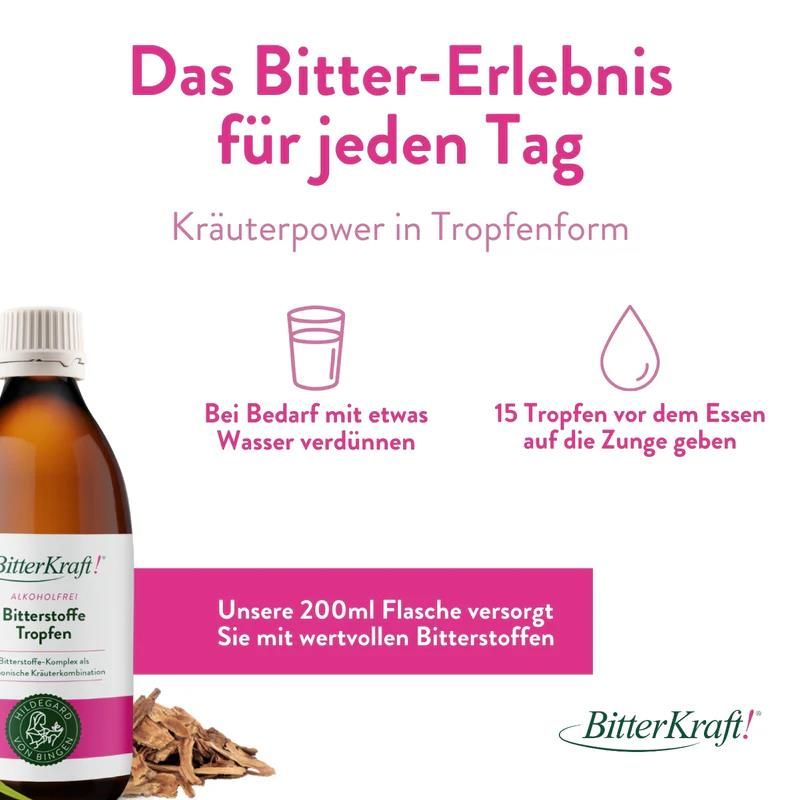 Produktflasche neben Text. Text: Das Bitter-Erlebnis für jeden Tag. Kräuterpower in Tropfenform. 15 Tropfen vor dem Essen auf die Zunge geben.