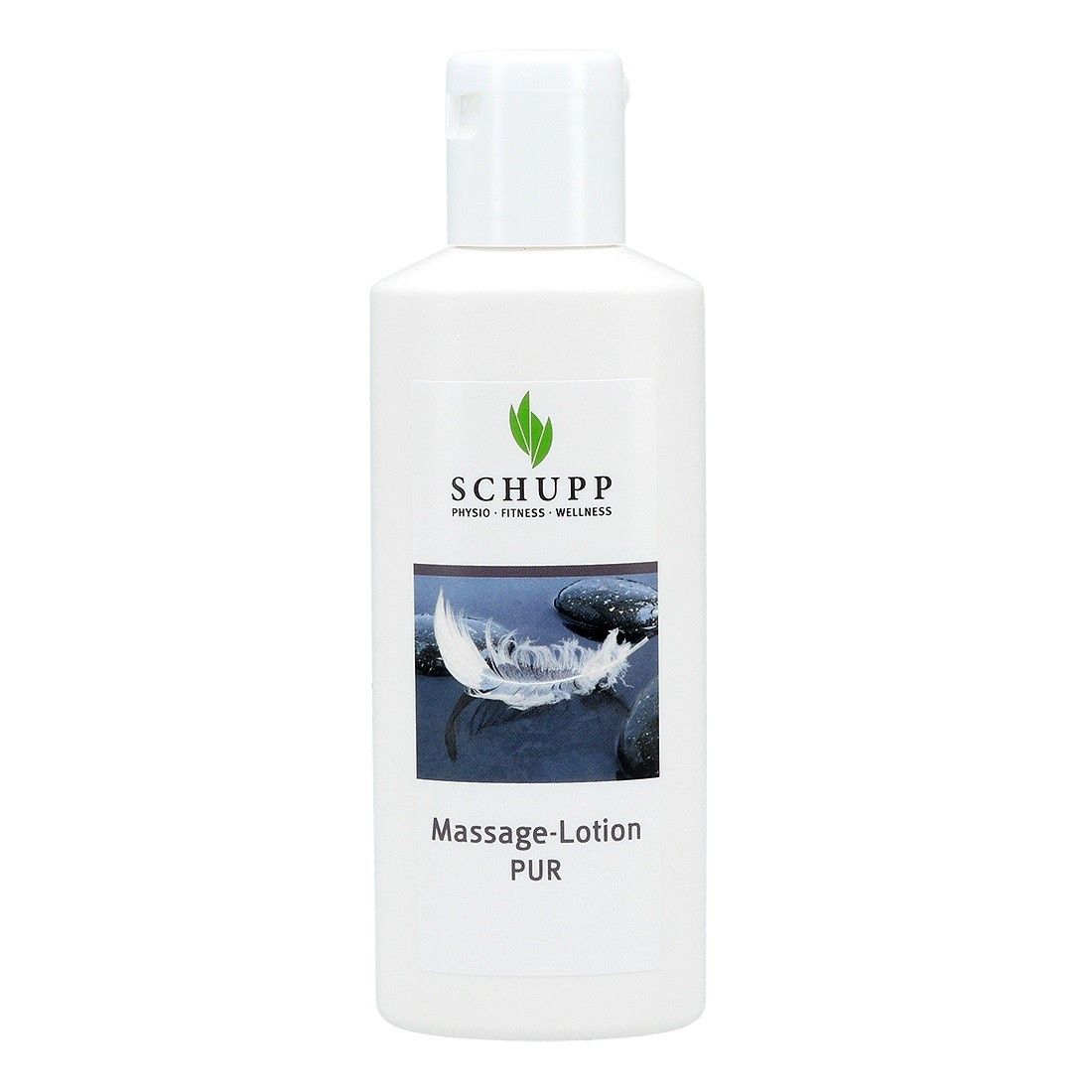 Weiße Flasche mit Klappverschluss. Etikett mit Logo, Produktname und Abbildung. Text: Massage-Lotion PUR.