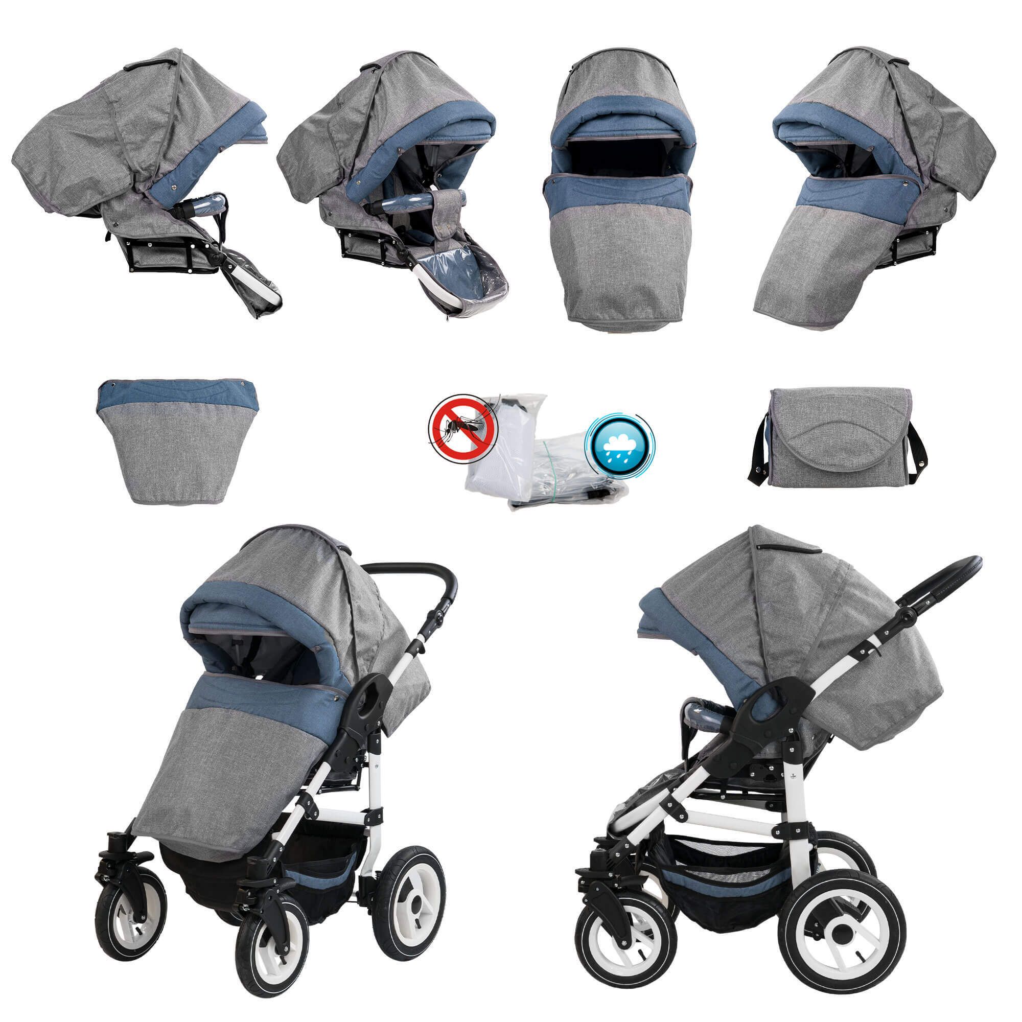 Grau-blaue Kombikinderwagen-Teile: Verdeck, Sitz, Tasche, Regenschutz. Mehrere Ansichten.