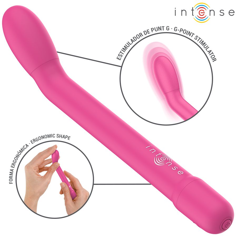 Pinkfarbener G-Punkt-Stimulator mit ergonomischer Form. Intense-Logo. Beschriftung: G-Punkt-Stimulator.