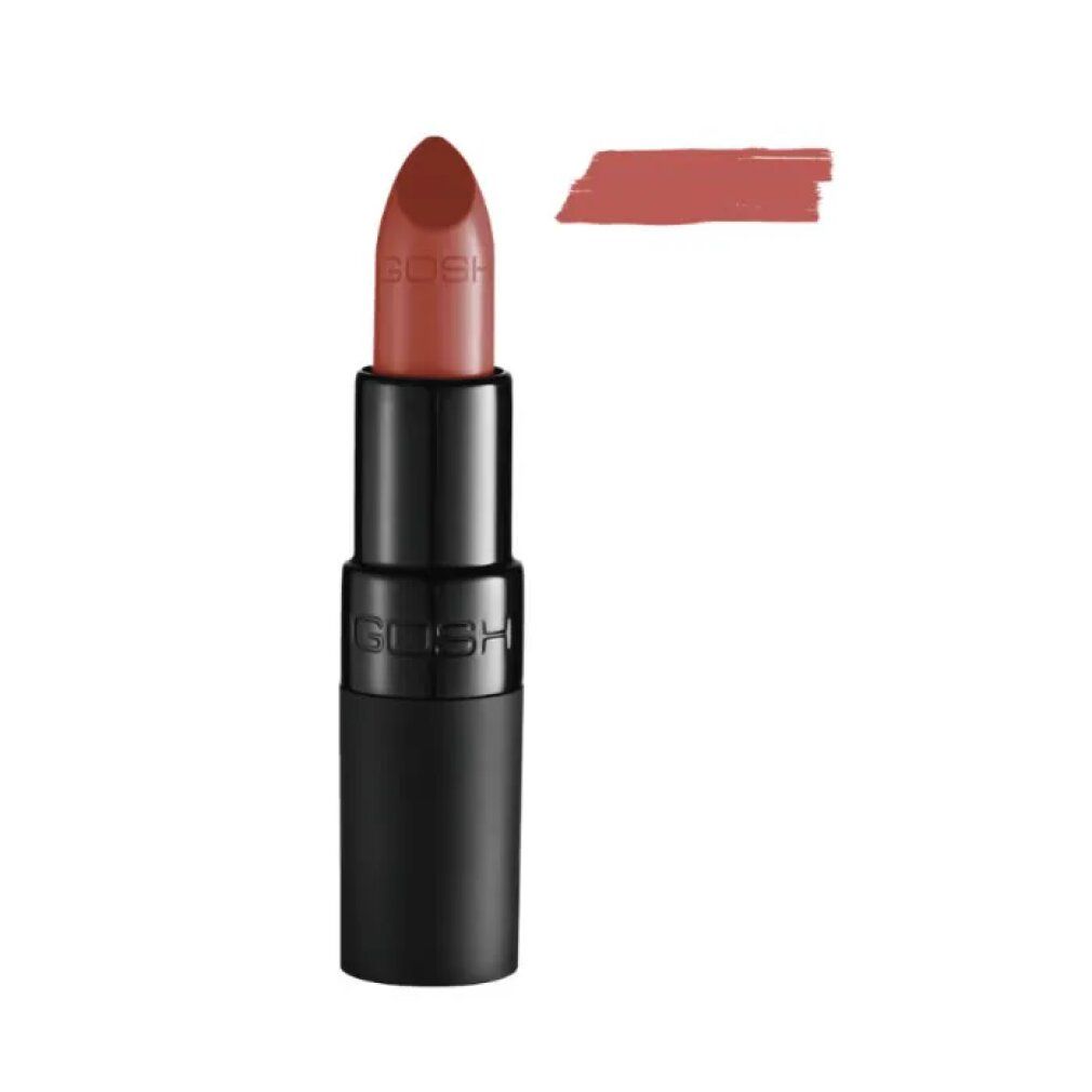 Gosh Velvet Touch Lippenstift 122 Nougat. Der Lippenstift ist braun und in einer schwarzen Hülse. Daneben ein Farbmuster des Lippenstifts. Der Lippenstift ist in einer aufrechten Position abgebildet.