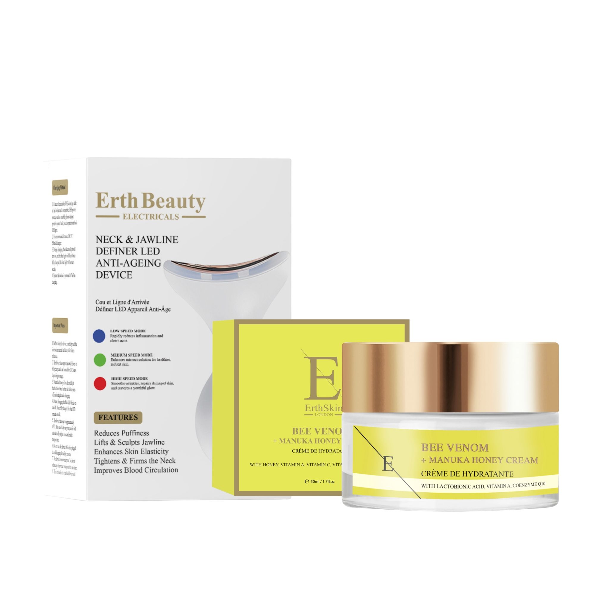 Erth Beauty Hals- und Kieferkonturiergerät mit LED-Technologie und Bee Venom + Manuka Honey Creme.