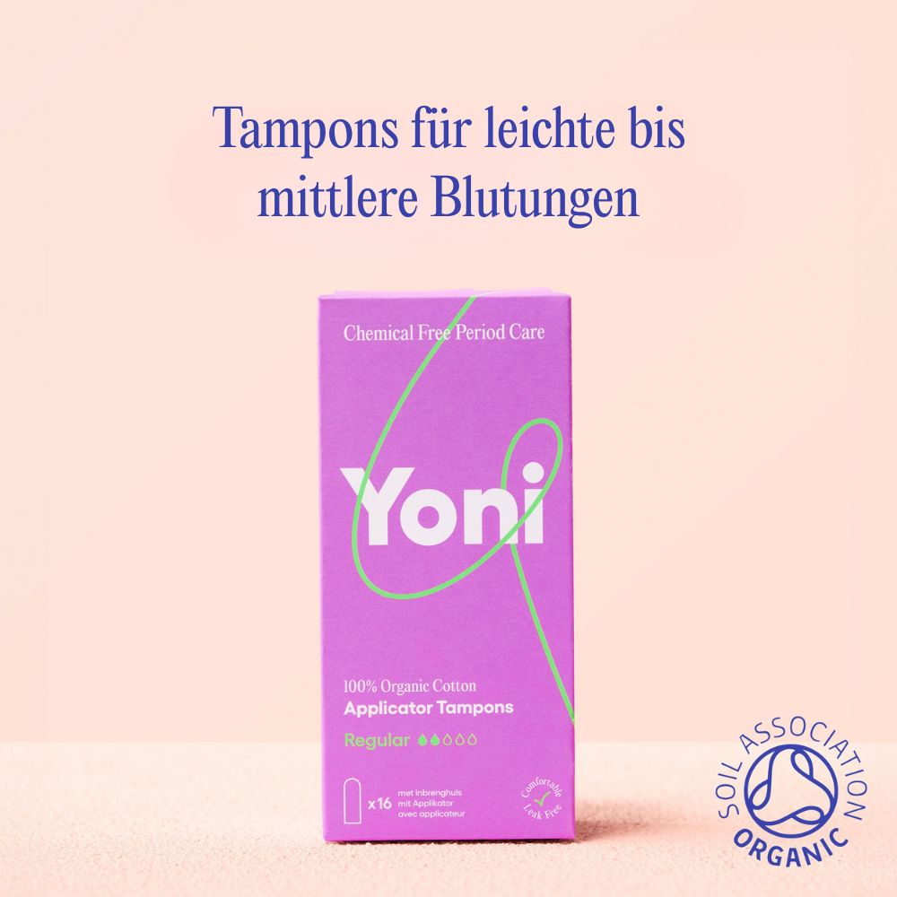 Verpackung mit Tampons. Lila Schachtel mit weißem Schriftzug Yoni. Text: 100% Bio-Baumwolle, Applikator Tampons, Regular.