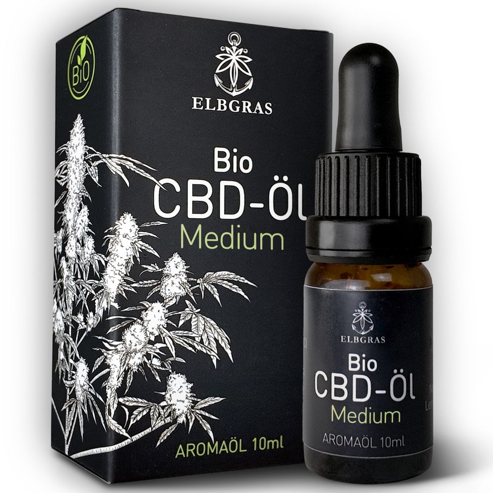 Braune Glasflasche mit schwarzem Deckel und Pipette. Schwarze Verpackung mit Logo und Schriftzug 'Bio CBD-Öl Medium'.