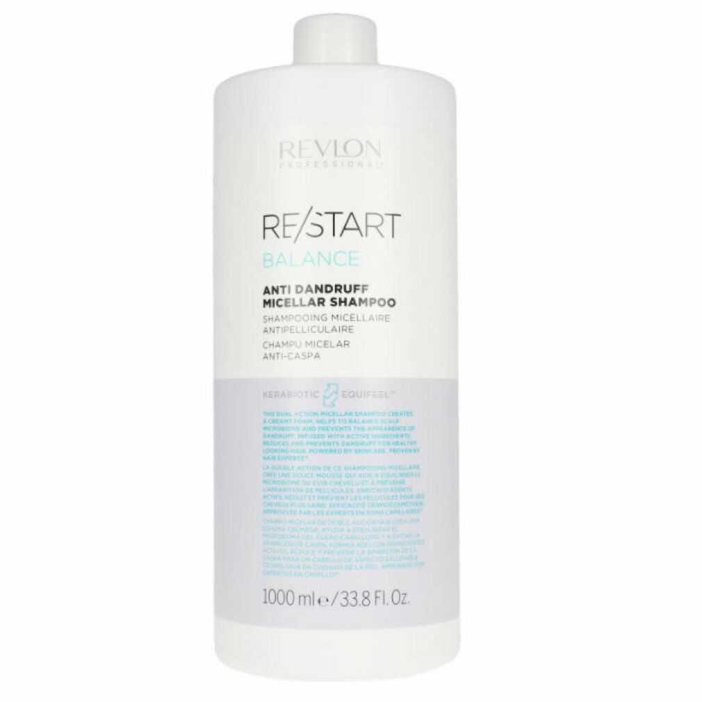 Weiße Flasche Revlon Re-Start Balance Anti-Schuppen Mizellen Shampoo. Text: RE/START BALANCE, Anti-Schuppen Mizellen Shampoo, 1000 ml/33.8 Fl. Oz.