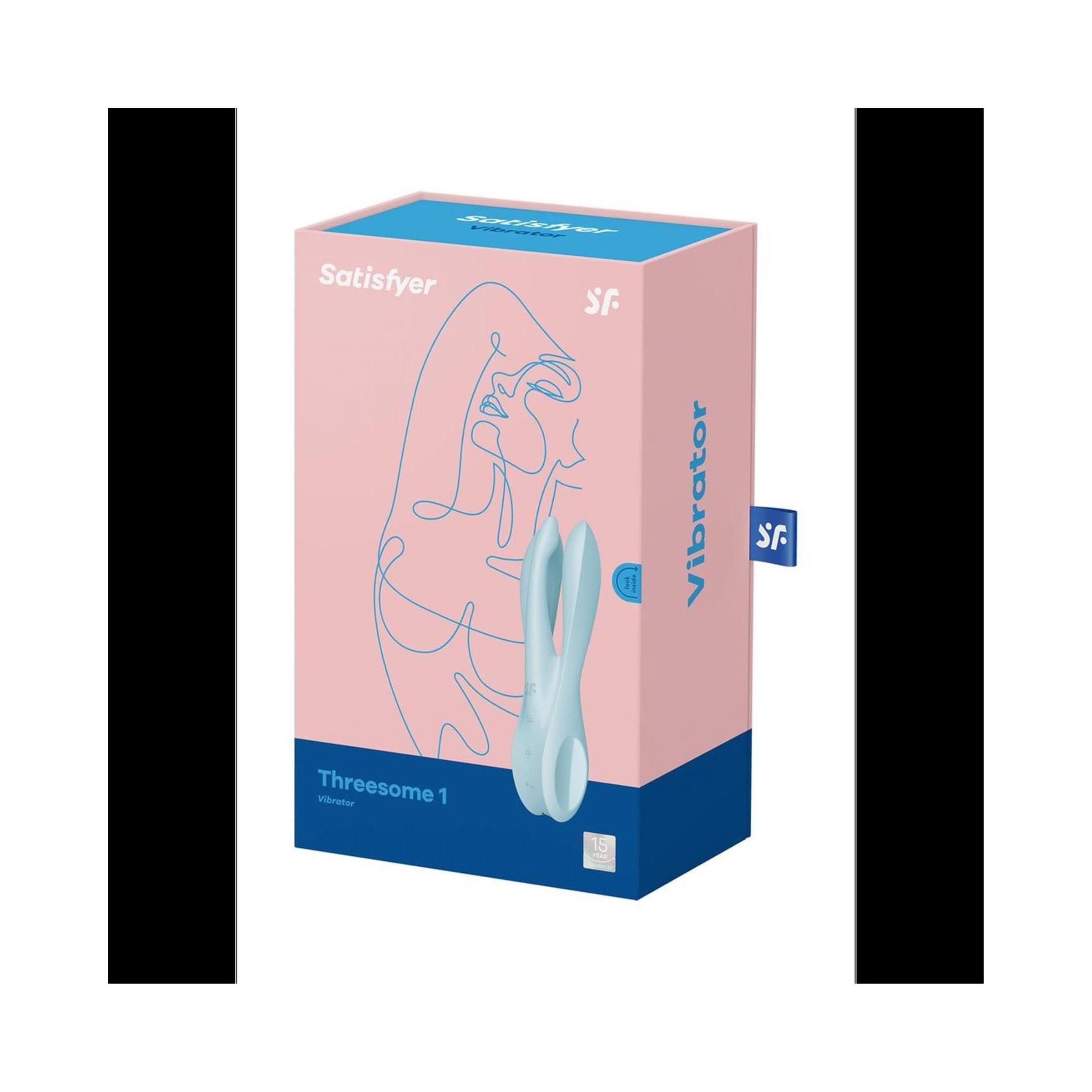 Verpackung von Satisfyer Threesome 1 Vibrator. Rosa, blau und weiß. Produkt und Logo sichtbar.