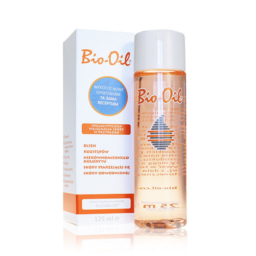 Bio-Oil. Flasche mit orangefarbener Flüssigkeit und weißem Deckel. Verpackung mit Produktinformationen und Aufschrift: 125 ml.