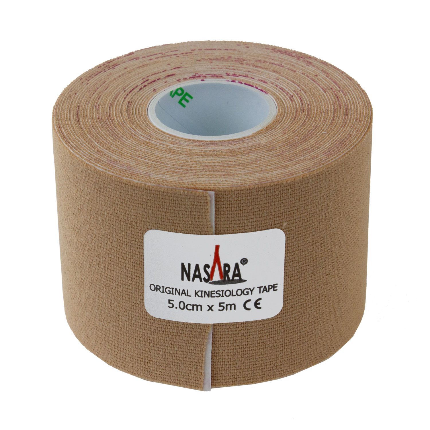 Kinesiologie Tape-Rolle, beige. Aufschrift: NASARA Original Kinesiology Tape. 5,0 cm x 5 m. CE-Zeichen.