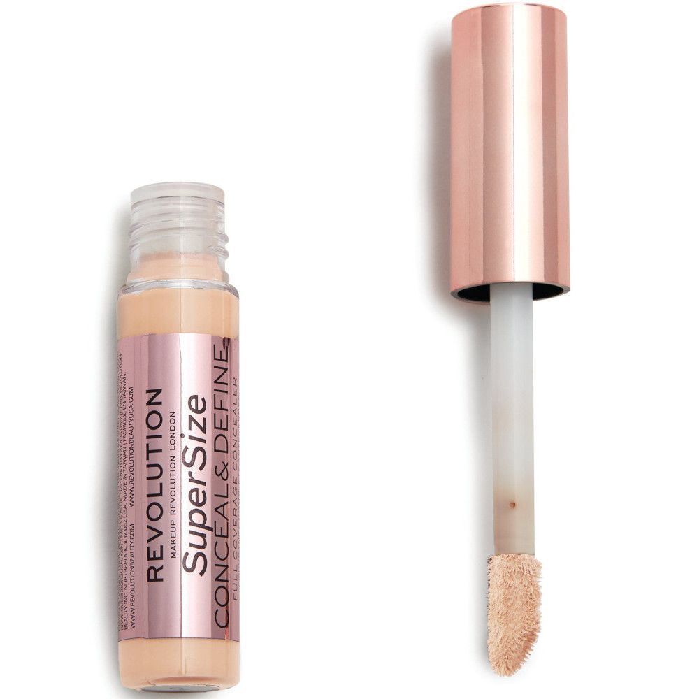 Concealer-Tube mit roségoldfarbenem Deckel und Applikator. Aufschrift: Super Size Conceal & Define. Farbton: hellbeige.