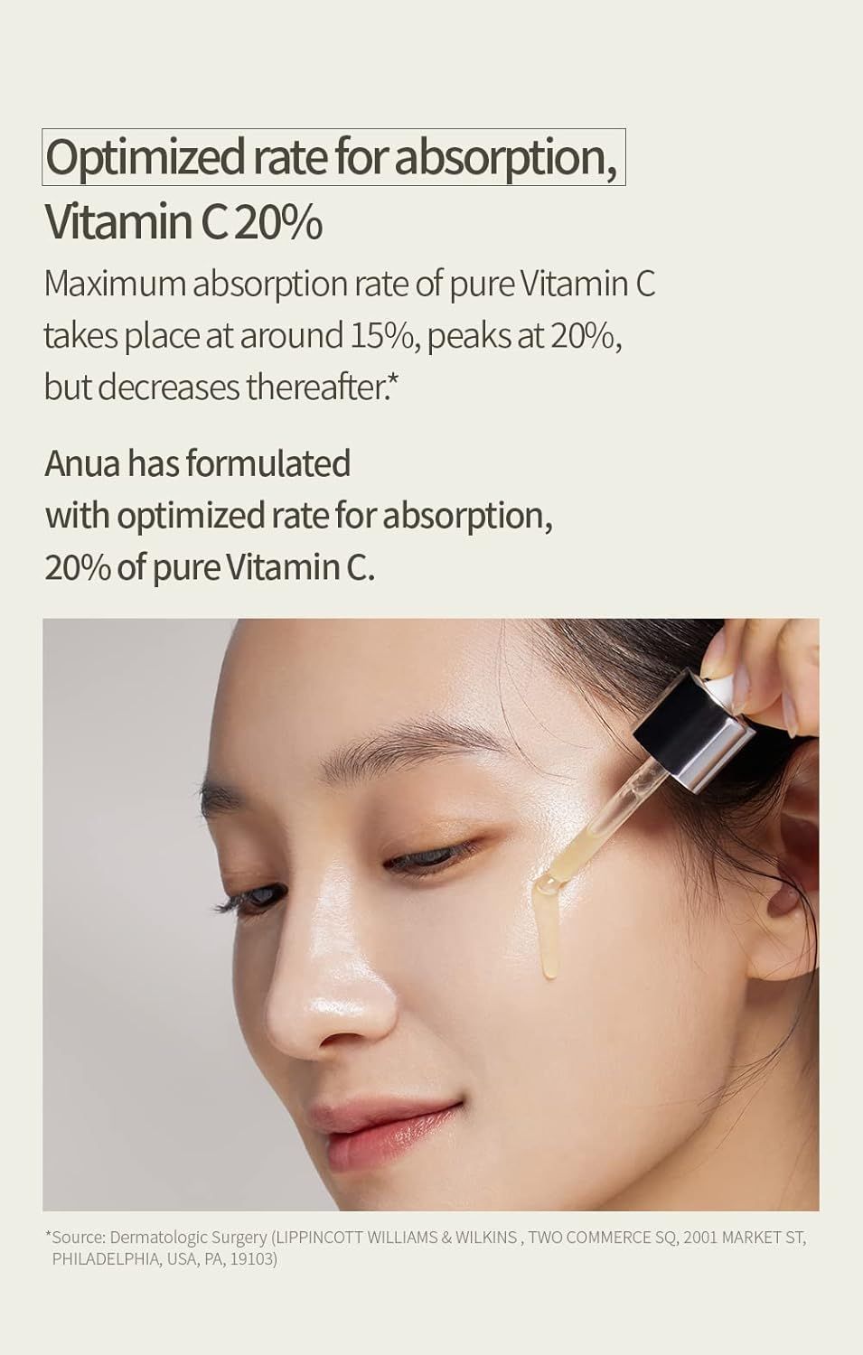 Nahaufnahme einer Frau, die Serum mit einer Pipette aufträgt. Text beschreibt optimierte Absorptionsrate von Vitamin C 20%.