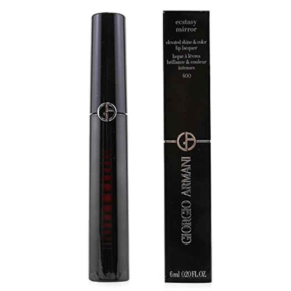 Giorgio Armani Ecstasy Mirror Lipgloss 400. Schwarze Hülse und Verpackung. Produkt und Verpackung stehen nebeneinander.