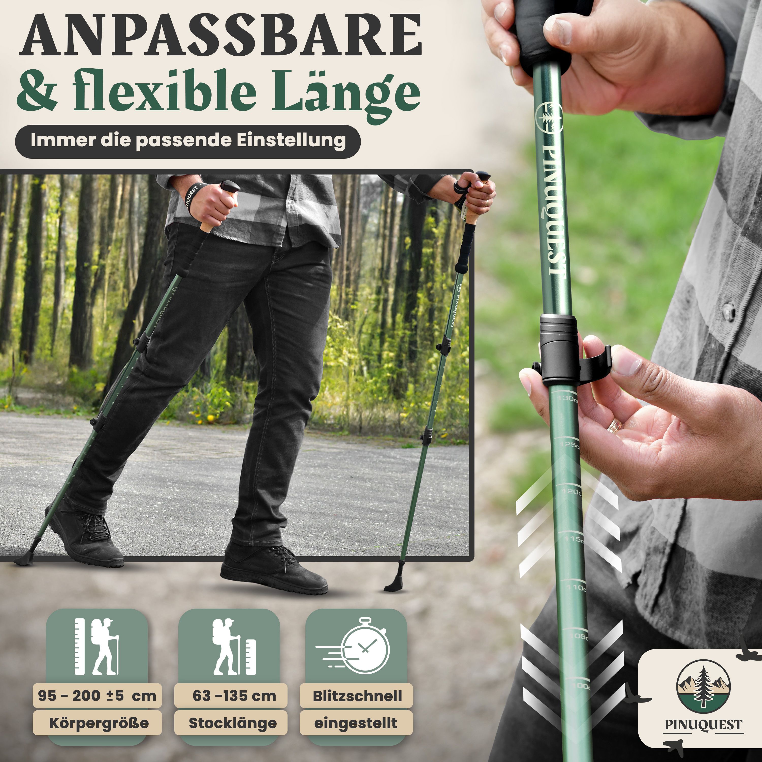 Nordic Walking Stock mit verstellbarer Länge. Grüner Schaft, schwarze Elemente. Text: 95-200 cm Körpergröße, 63-135 cm Stocklänge.