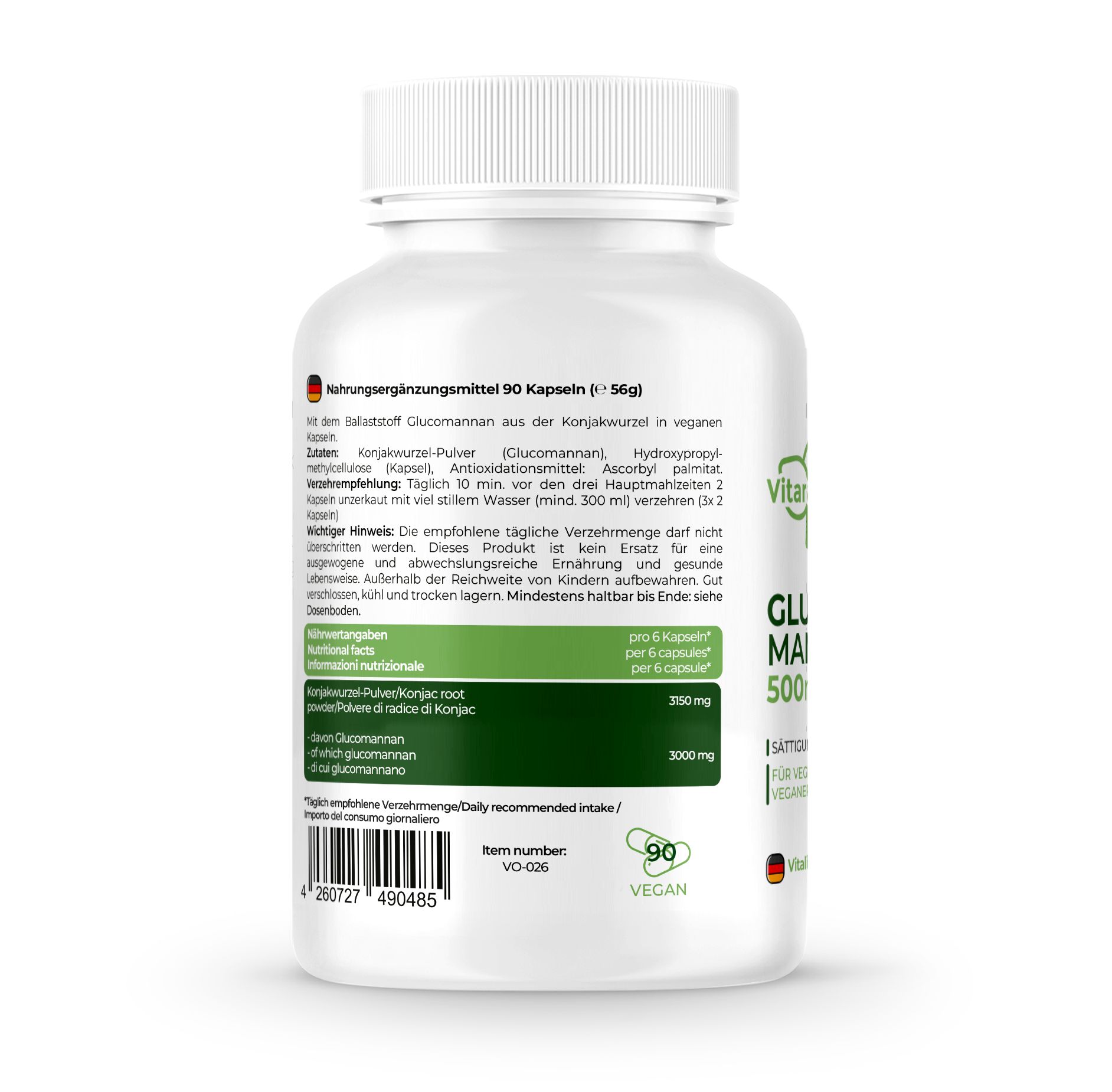 Rückseite der weißen Flasche. Text: Nahrungsergänzungsmittel. 90 Kapseln. Inhaltsstoffe, Verzehrempfehlung. Vegan-Siegel. Barcode und Chargennummer.