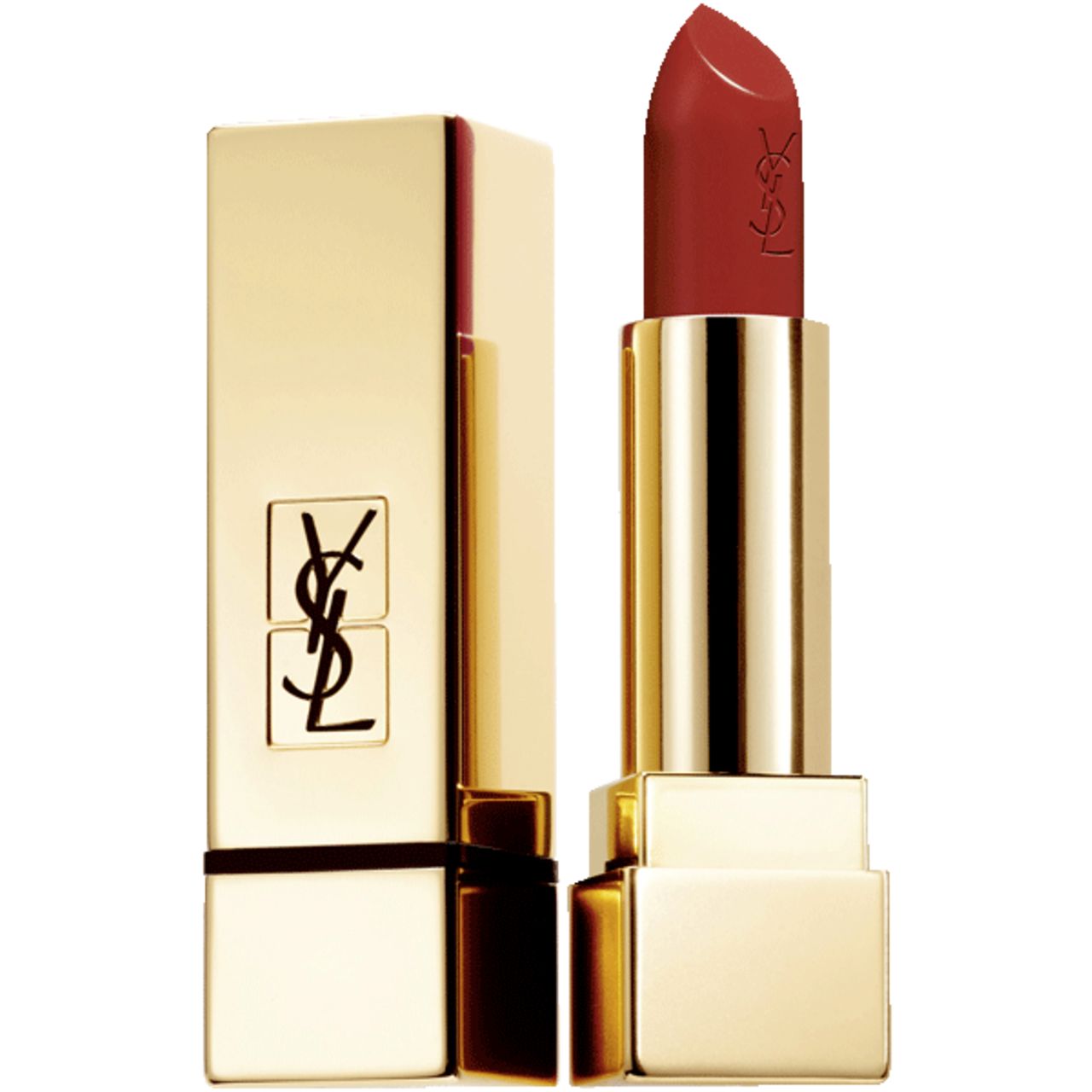 Goldfarbener Lippenstift von Yves Saint Laurent. Geöffnete Hülse mit rotem Lippenstift. YSL-Logo auf der Hülse.