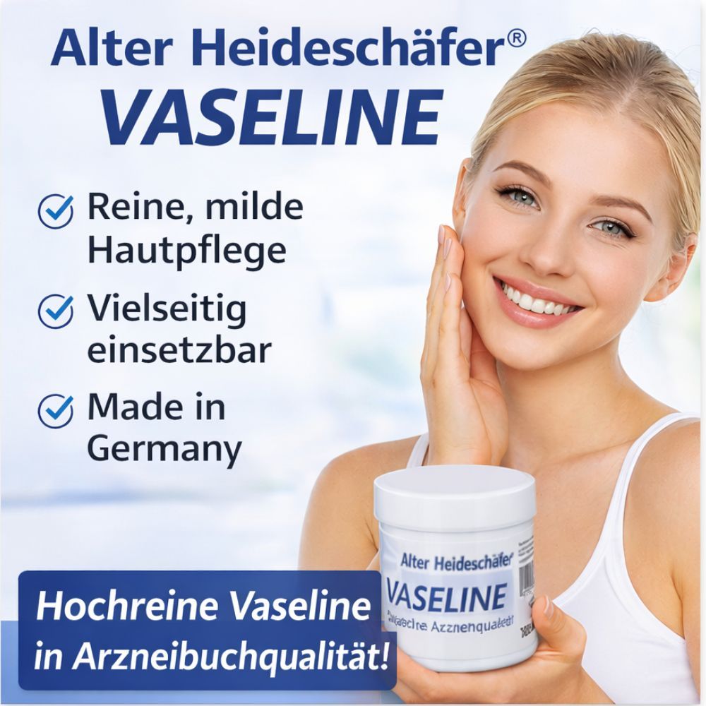 Frau hält einen weißen Tiegel. Text: Alter Heideschäfer Vaseline, reine, milde Hautpflege, vielseitig einsetzbar, Made in Germany.