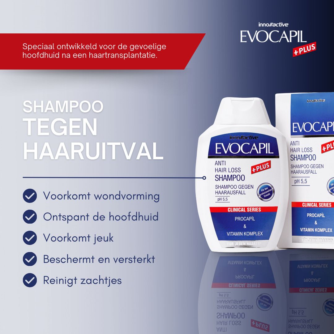 Reclame voor "Evocapil Shampoo tegen Haaruitval" met product en tekst: Voorkomt wondvorming, ontspant de hoofdhuid, etc.
