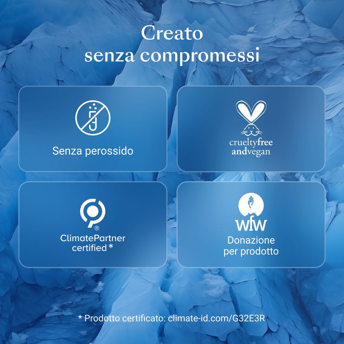 Grafica con loghi: Senza perossido, dermatologicamente testato, Crueltyfree, ClimatePartner, wfw.