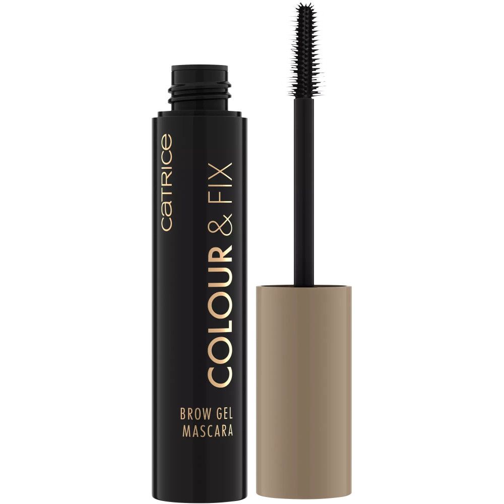 Schwarze Mascara-Tube mit goldfarbenem Schriftzug "Catrice Colour & Fix Brow Gel Mascara". Mit Bürste.