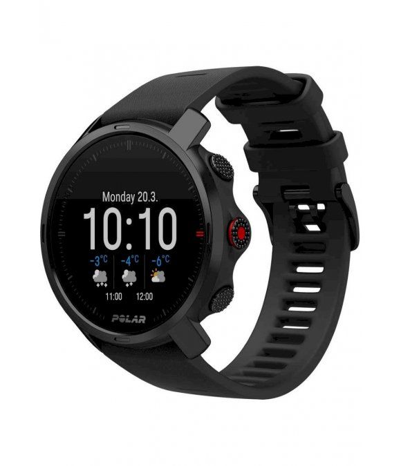 Schwarze Smartwatch mit rundem Zifferblatt. Zeigt Datum, Uhrzeit und Wetter. Marke: Polar.