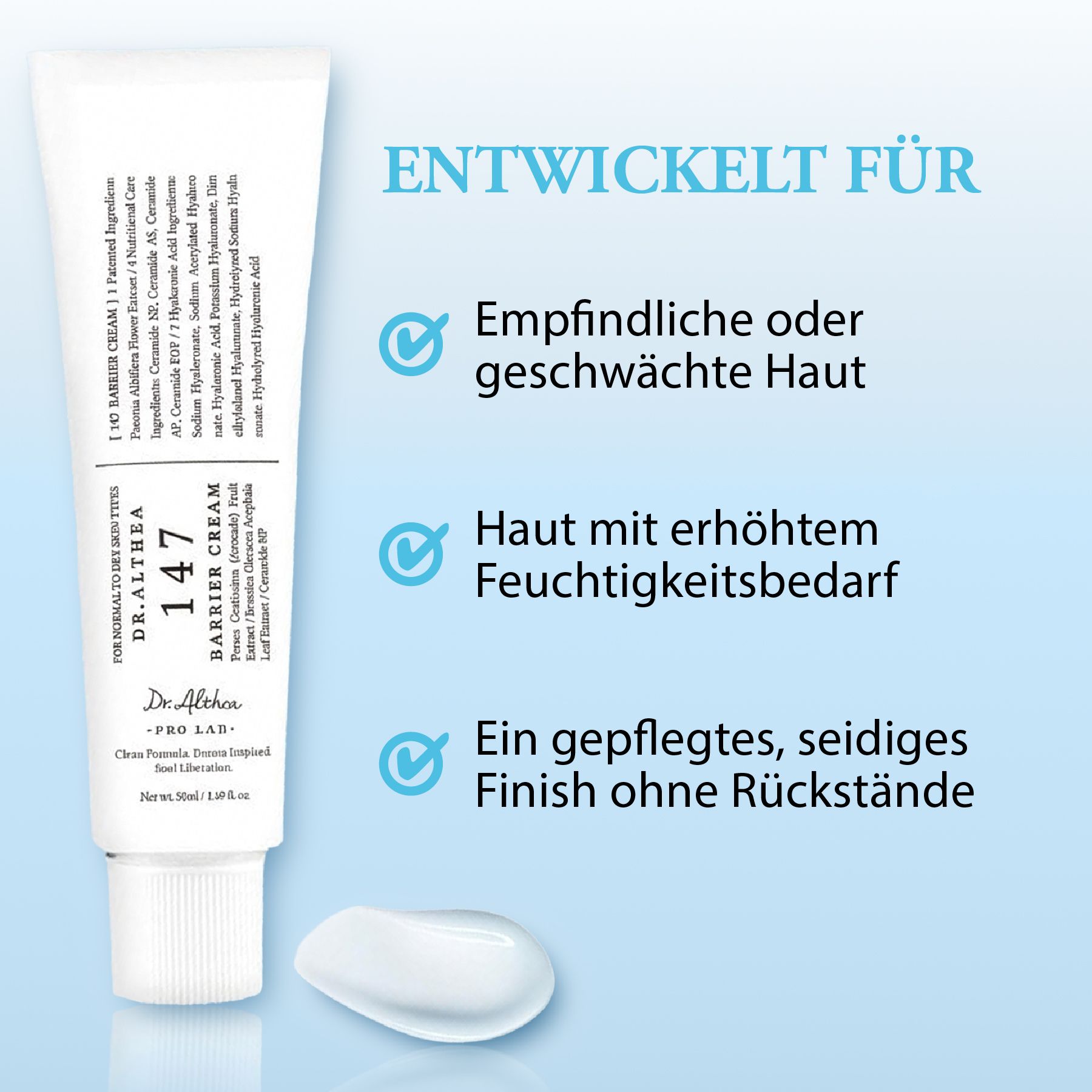 Tube Dr. Althea 147 Barrier Cream mit Creme daneben. Text in deutscher Sprache, der Vorteile des Produkts hervorhebt.