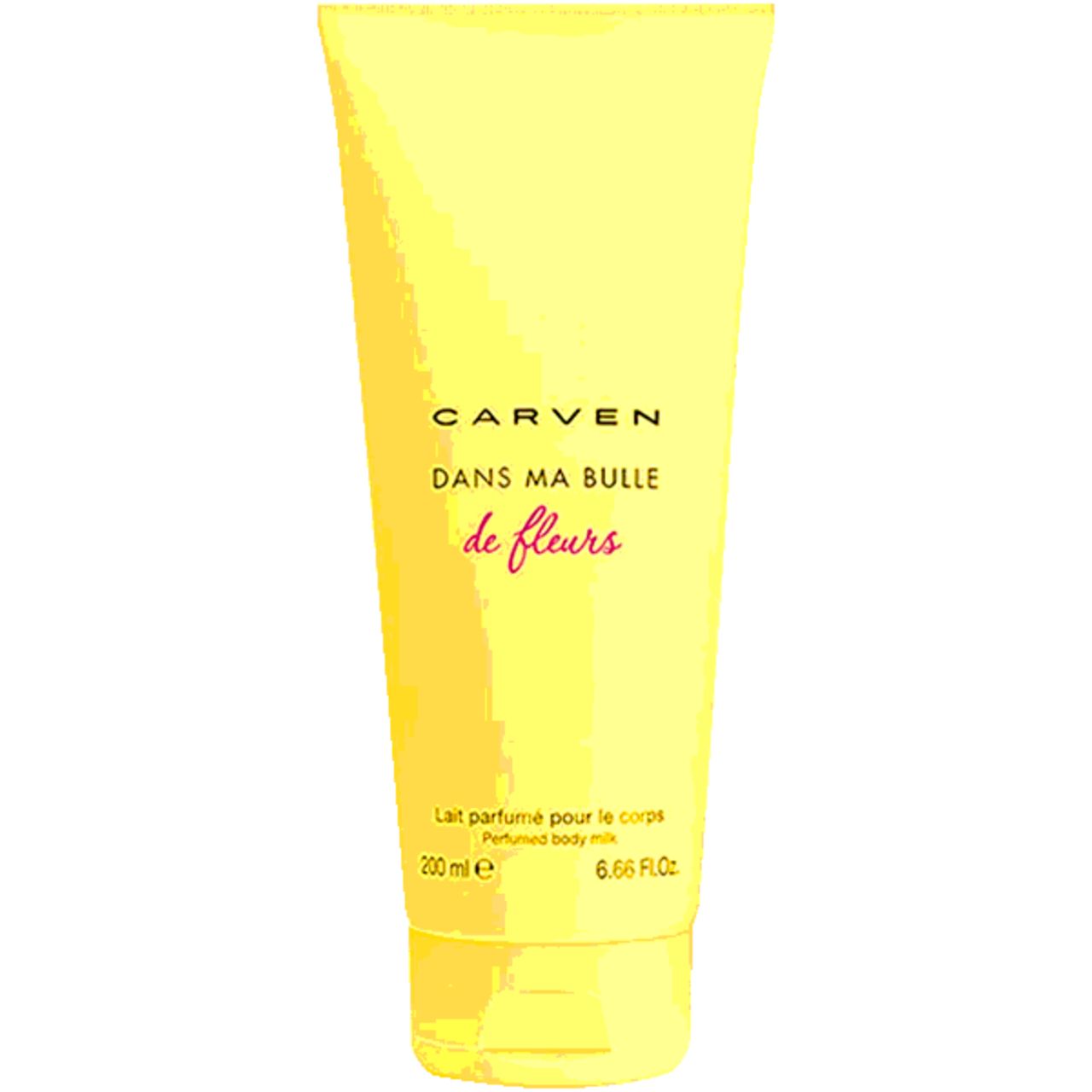 Gelbe Tube mit "Carven Dans Ma Bulle de Fleurs"-Schriftzug. "Lait parfumé pour le corps" und Volumenangabe.