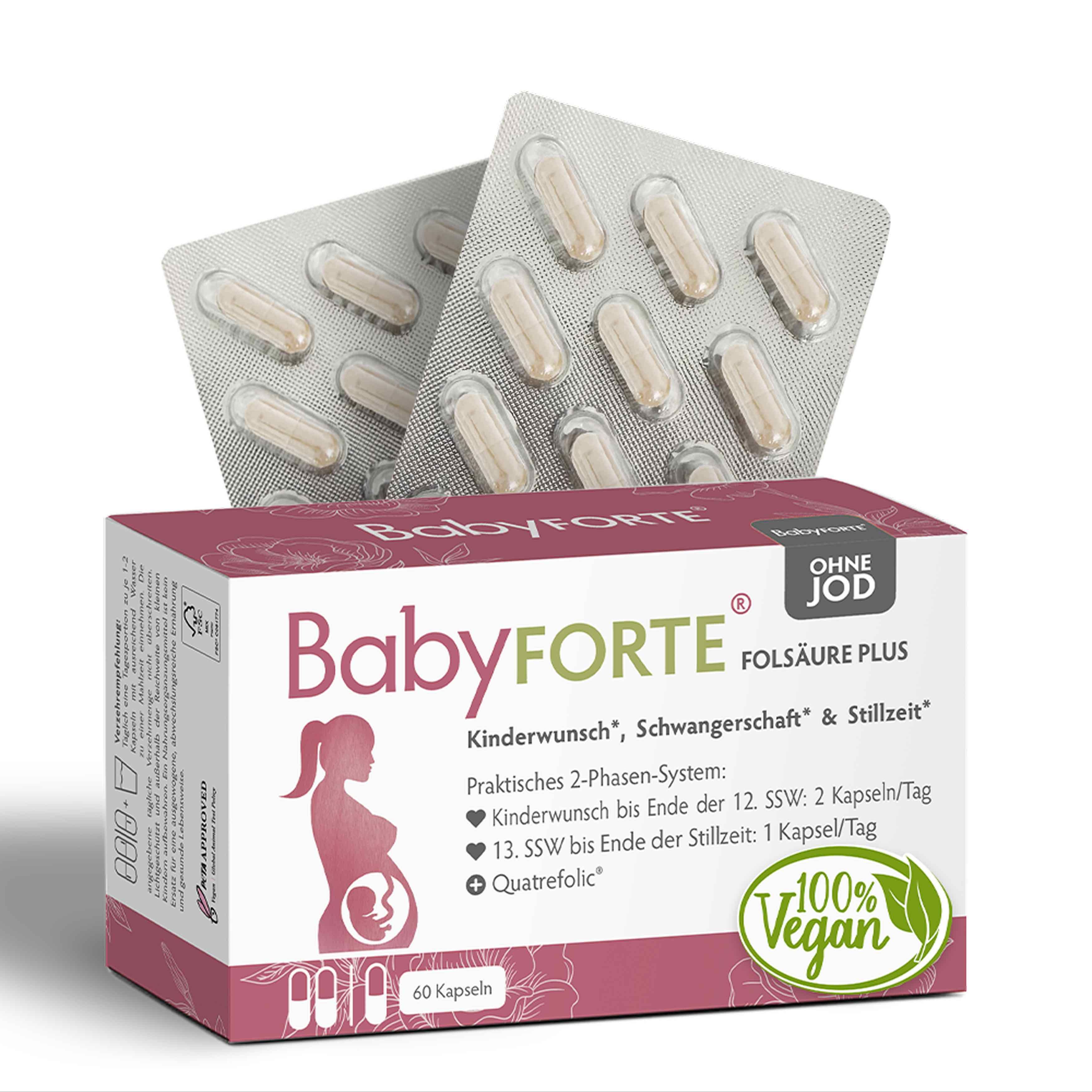 BabyFORTE® Folsäure Plus OHNE JOD-Packung mit Kapseln. Text: Kinderwunsch, Schwangerschaft & Stillzeit. 100% vegan. 60 Kapseln.