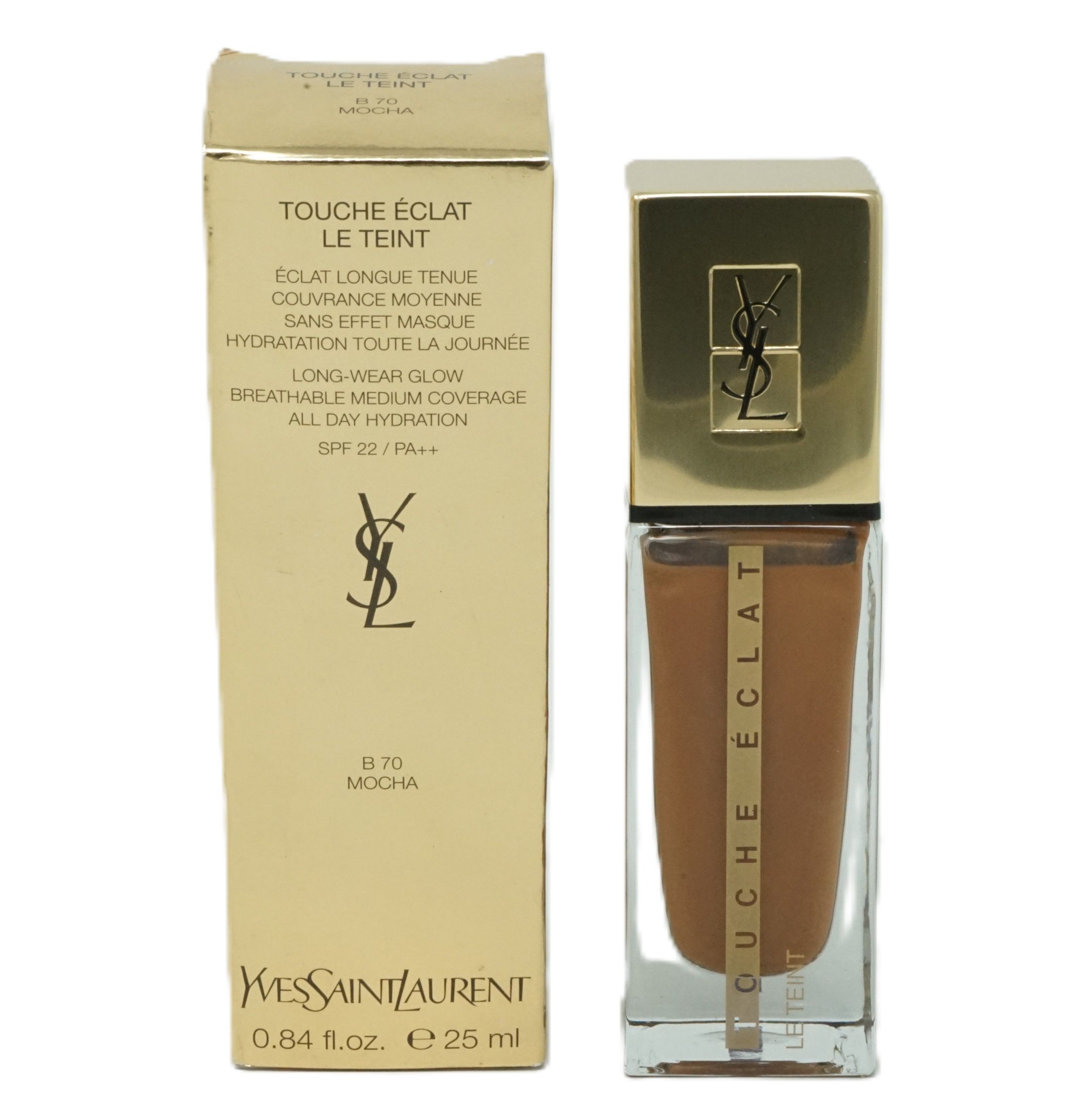 Foundation Yves Saint Laurent Touche Éclat Le Teint B70 Mocha. Flakon und Verpackung in Goldtönen. Aufschrift Touche Éclat, B70 Mocha.