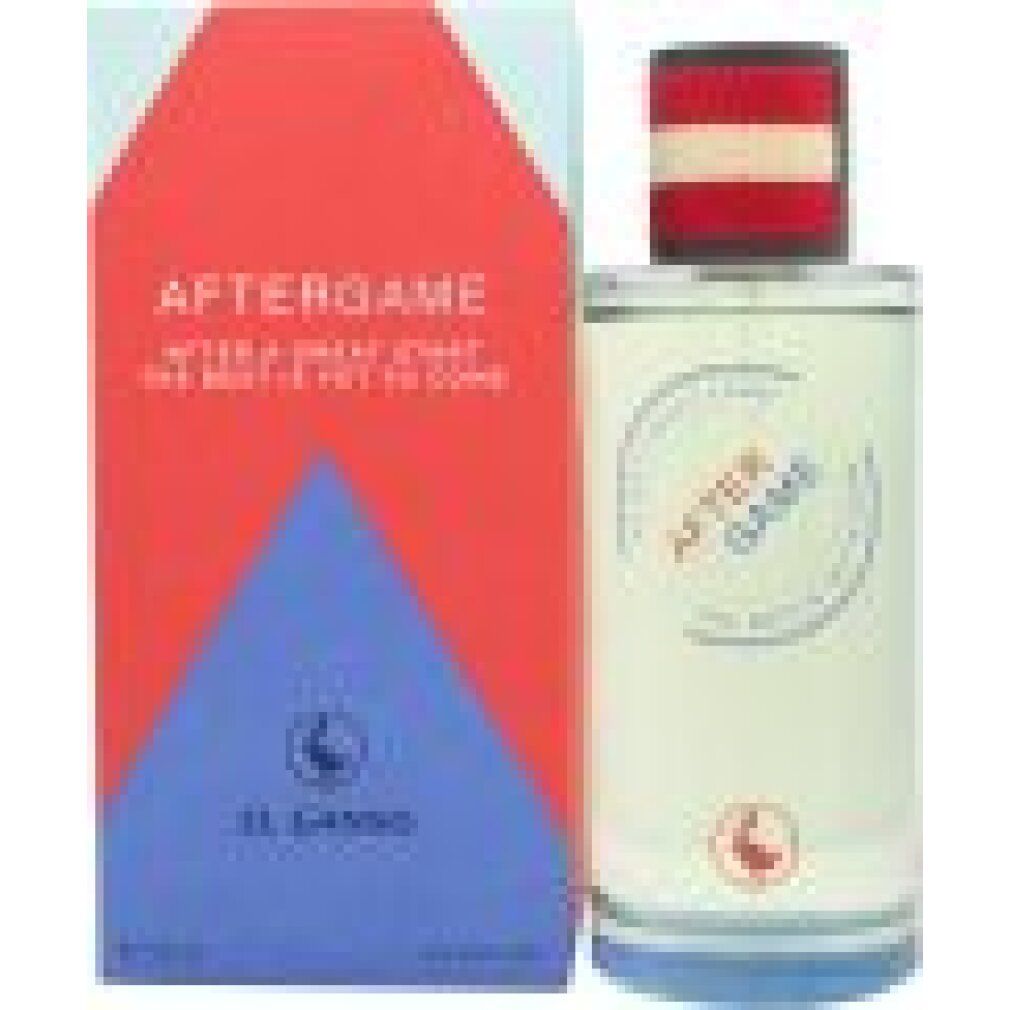 Parfümflasche und Verpackung. Flasche mit rotem, weißem und blauem Verschluss. Verpackung mit roter, blauer und weißer Grafik. Text: AFTERGAME.