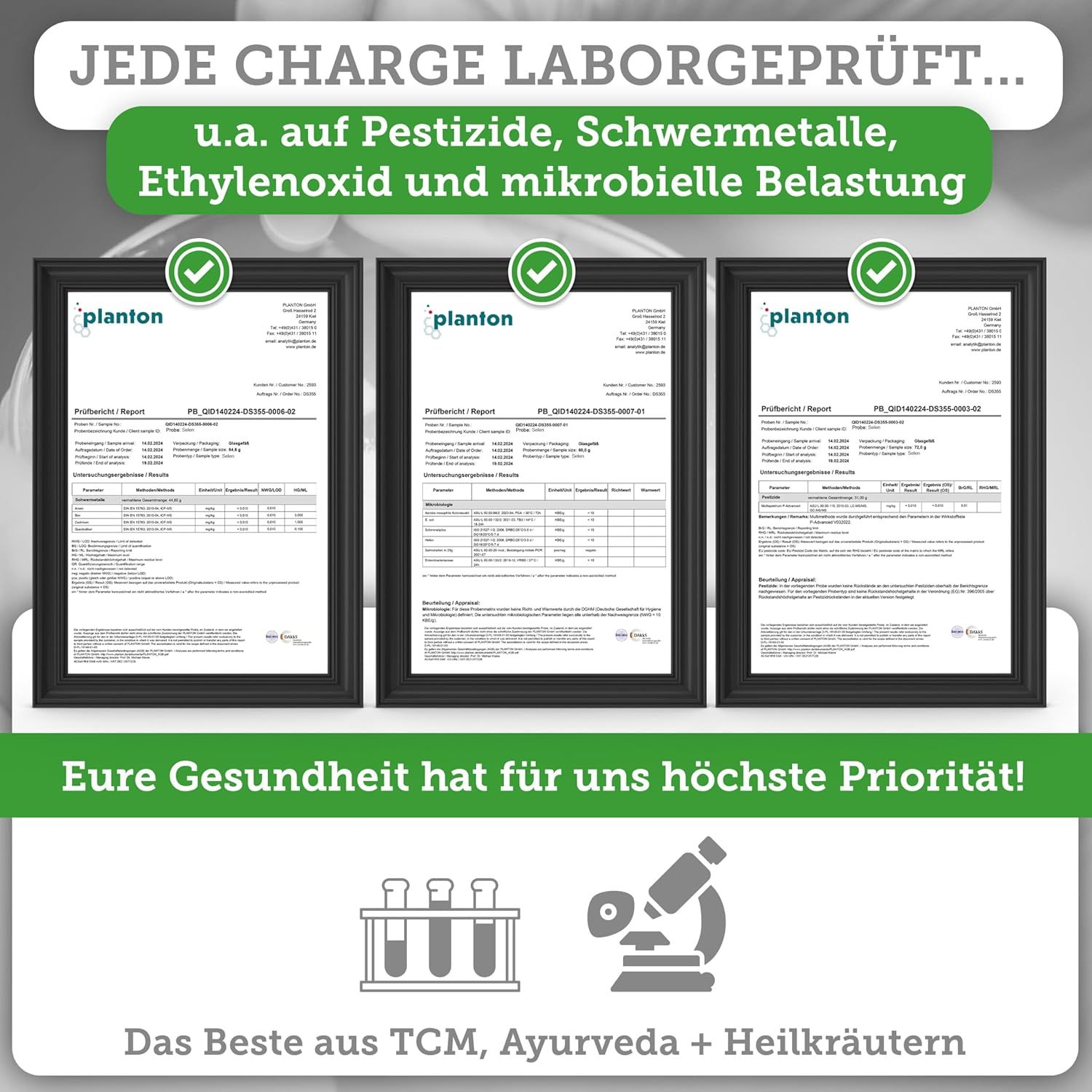 Drei Zertifikate mit Text. Überschrift: Jede Charge laborgeprüft. Text: Pestizide, Schwermetalle, Ethylenoxid, mikrobielle Belastung.
