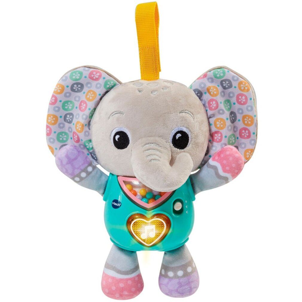 Grauer Elefant mit bunten Ohren und Armen. Türkisfarbener Bauch mit Herz und VTech-Logo. Gelbe Schlaufe zum Aufhängen.