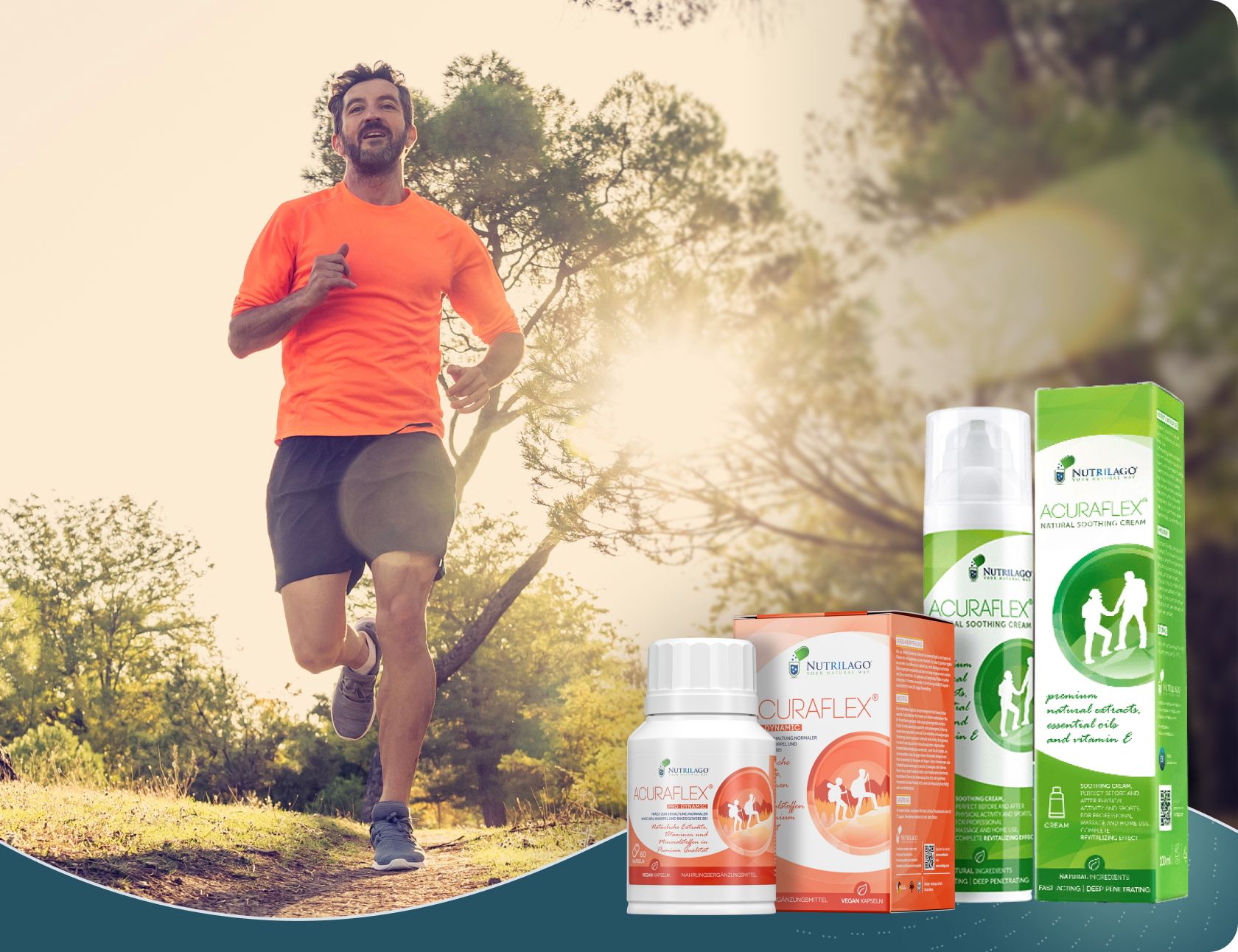 Mann läuft. Produkte: Flasche, Karton und Sprühflasche. Aufschrift: ACURAFLEX. Logo: Nutrilago. Grün und orange.