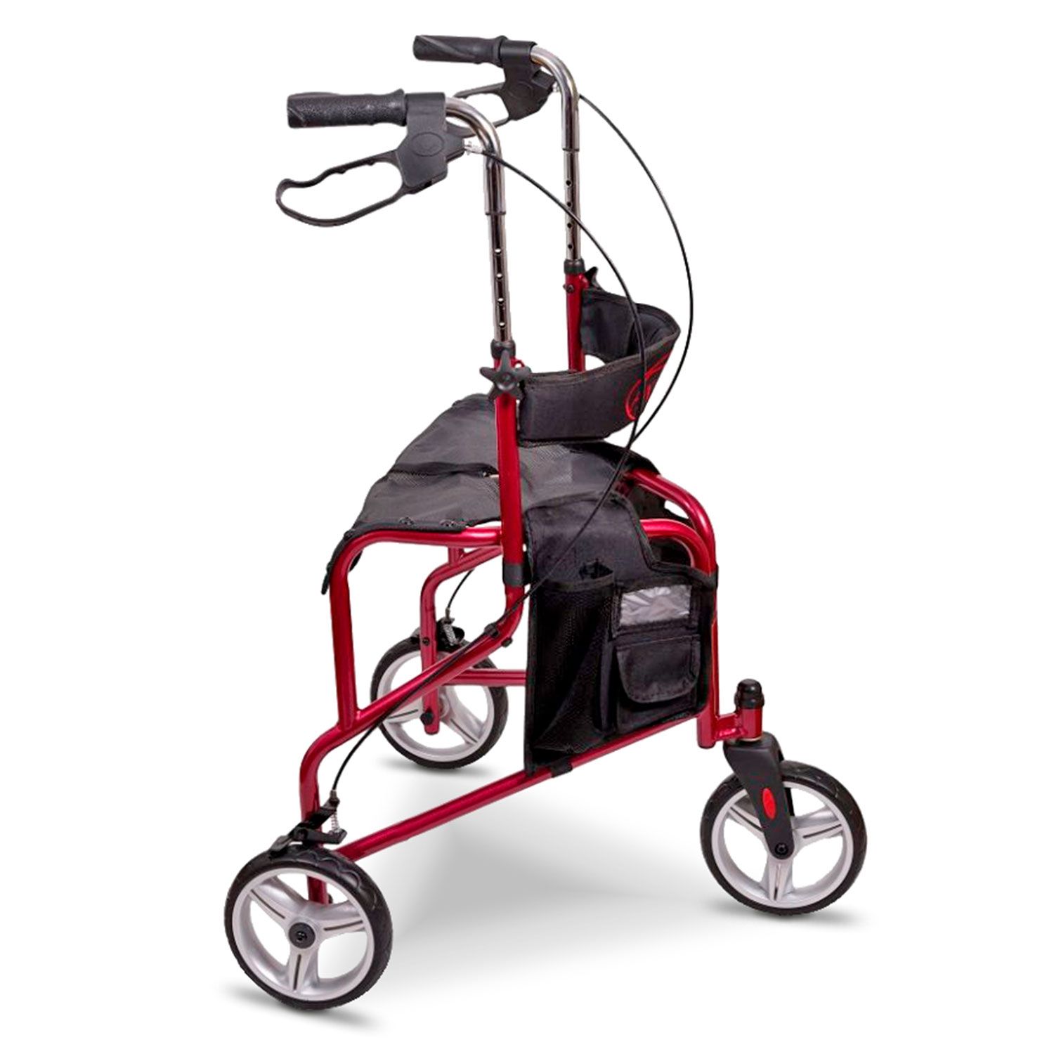 Dreirad-Rollator, rot, Seitenansicht. Schwarzer Sitz, Tasche. Drei Räder, höhenverstellbar. Schwarze Griffe.