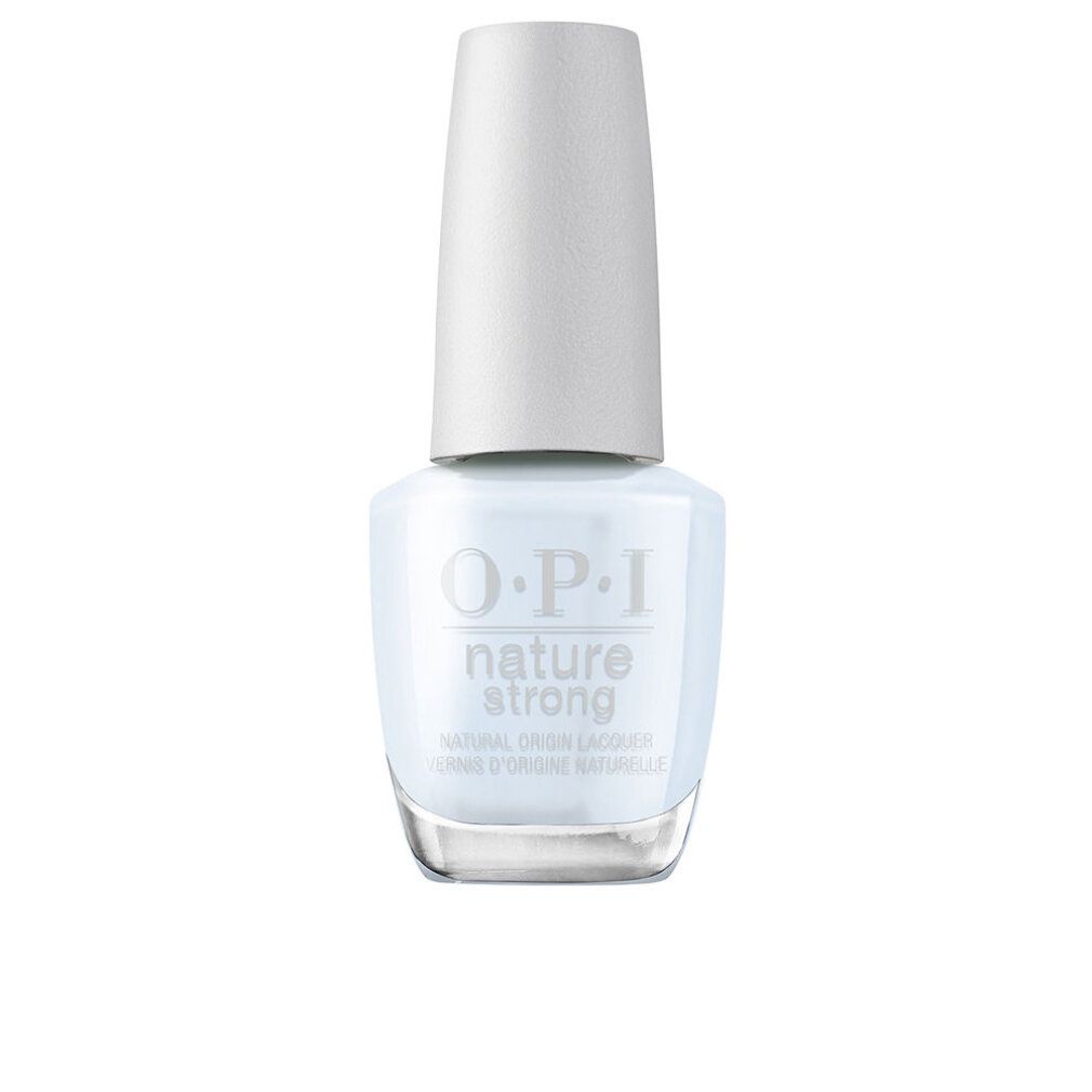 Blauer Nagellack mit weißem Deckel. OPI Nature Strong-Logo sichtbar.