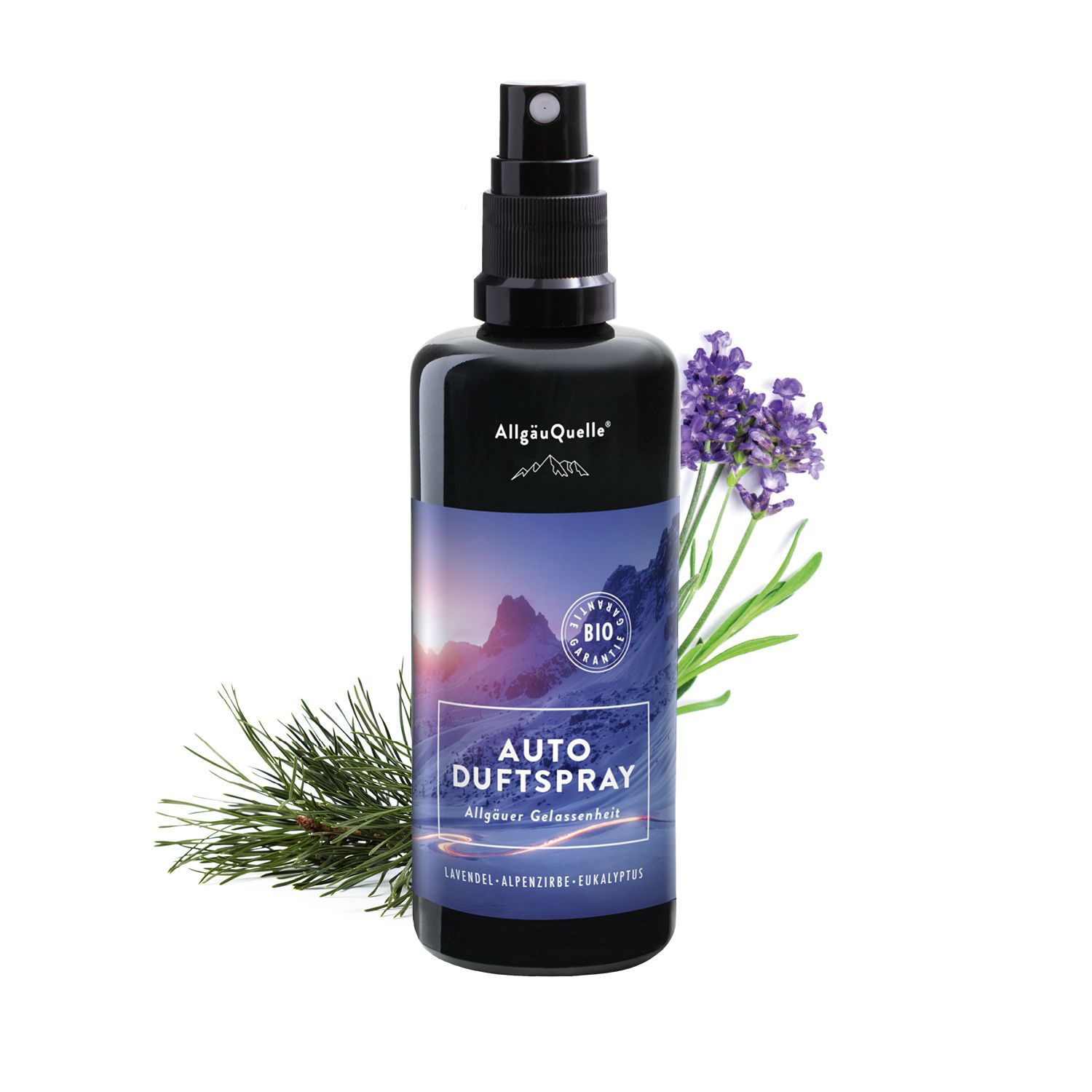 AllgäuQuelle Bio Autoduft Lufterfrischer Duftspray Lavendel, Alpenzirbe und Eukalyptus