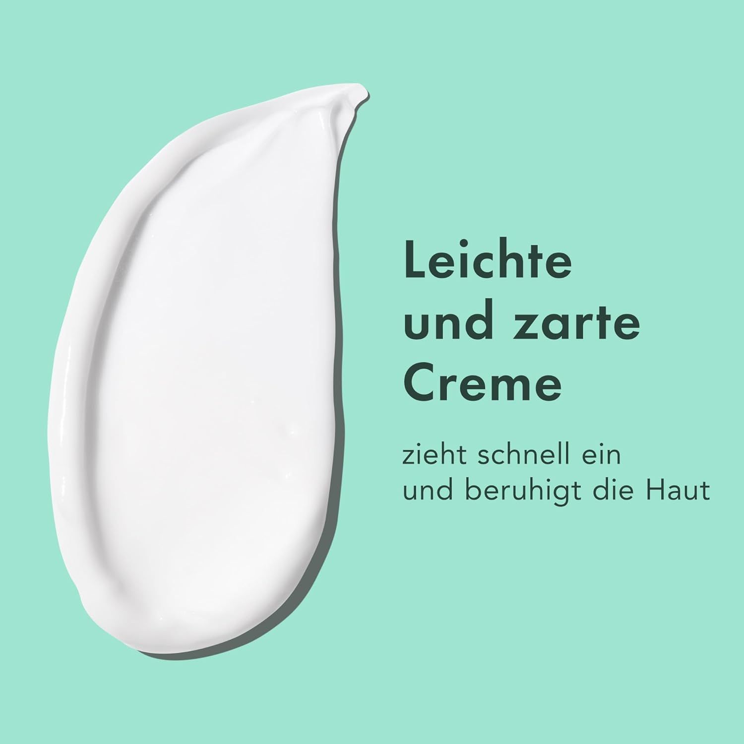 Weißer Creme-Klecks. Text: Leichte und zarte Creme zieht schnell ein und beruhigt die Haut.