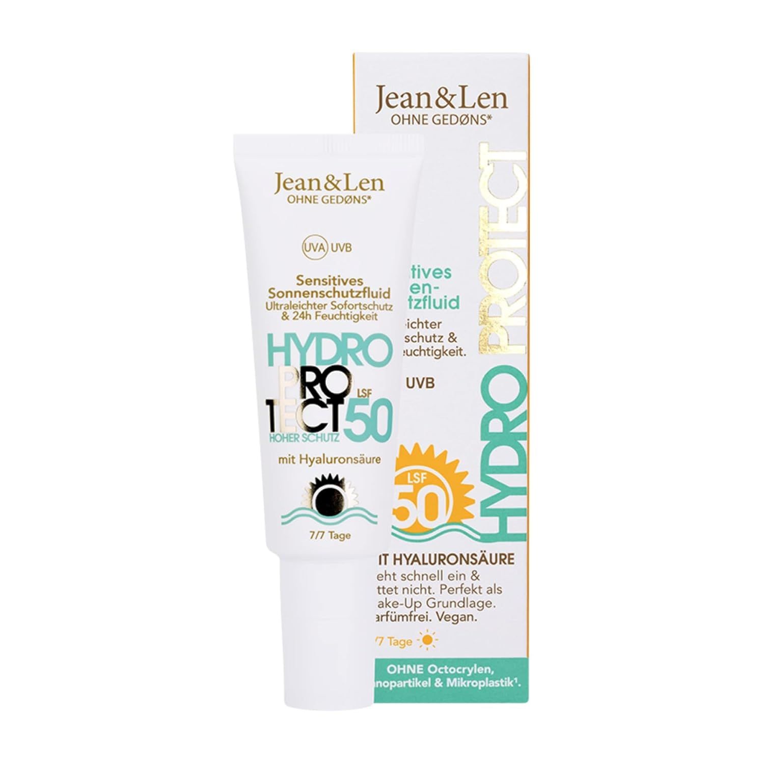 Weiß-blaue Tube Jean & Len Sensitiv Sonnenschutzfluid LSF 50. Mit Verpackung. Text: Hydro Protect, LSF 50, Hyaluronsäure.
