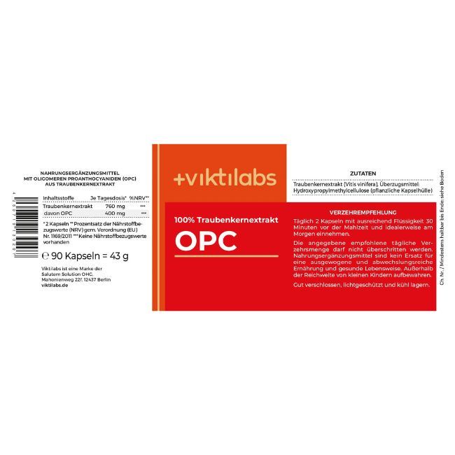 Produktverpackung mit rotem Etikett. "+viktilabs" und "OPC" sowie Informationen zu Inhaltsstoffen und Dosierung.