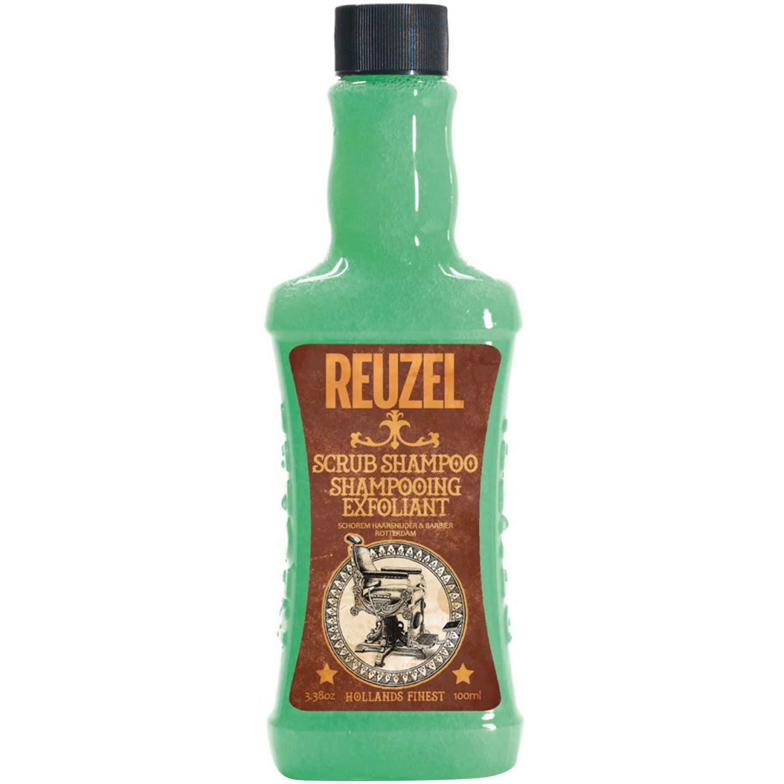 Reuzel Scrub Shampoo, grüne Flasche mit braunem Etikett, weißer Hintergrund.