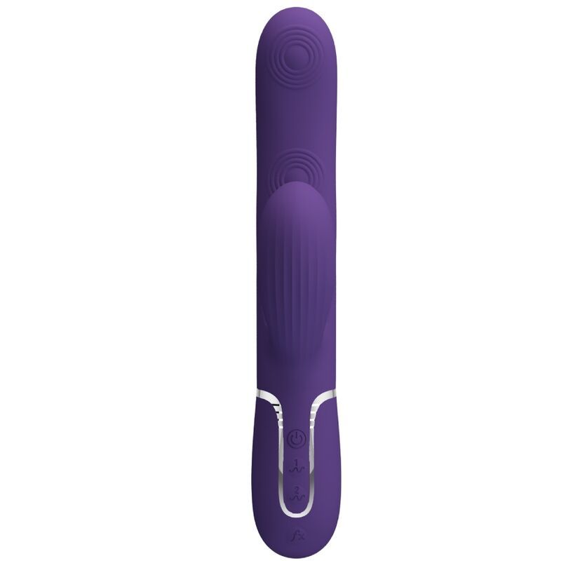 Lila Vibrator mit geriffelter Spitze und Bedienknöpfen. Silberne Zierleiste.