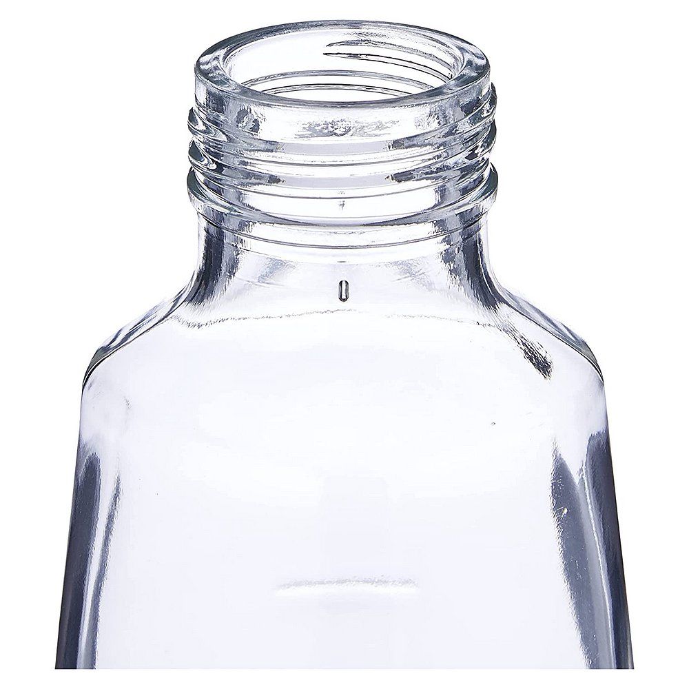 Nahaufnahme des oberen Teils einer SodaStream Glasflasche mit Gewinde für den Verschluss.