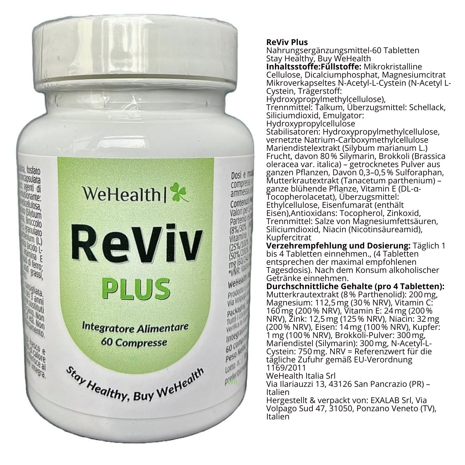 Weiße Flasche mit grünem Etikett. Aufschrift: ReViv PLUS, 60 Tabletten. Marke: WeHealth. Zusätzliche Informationen auf der rechten Seite.