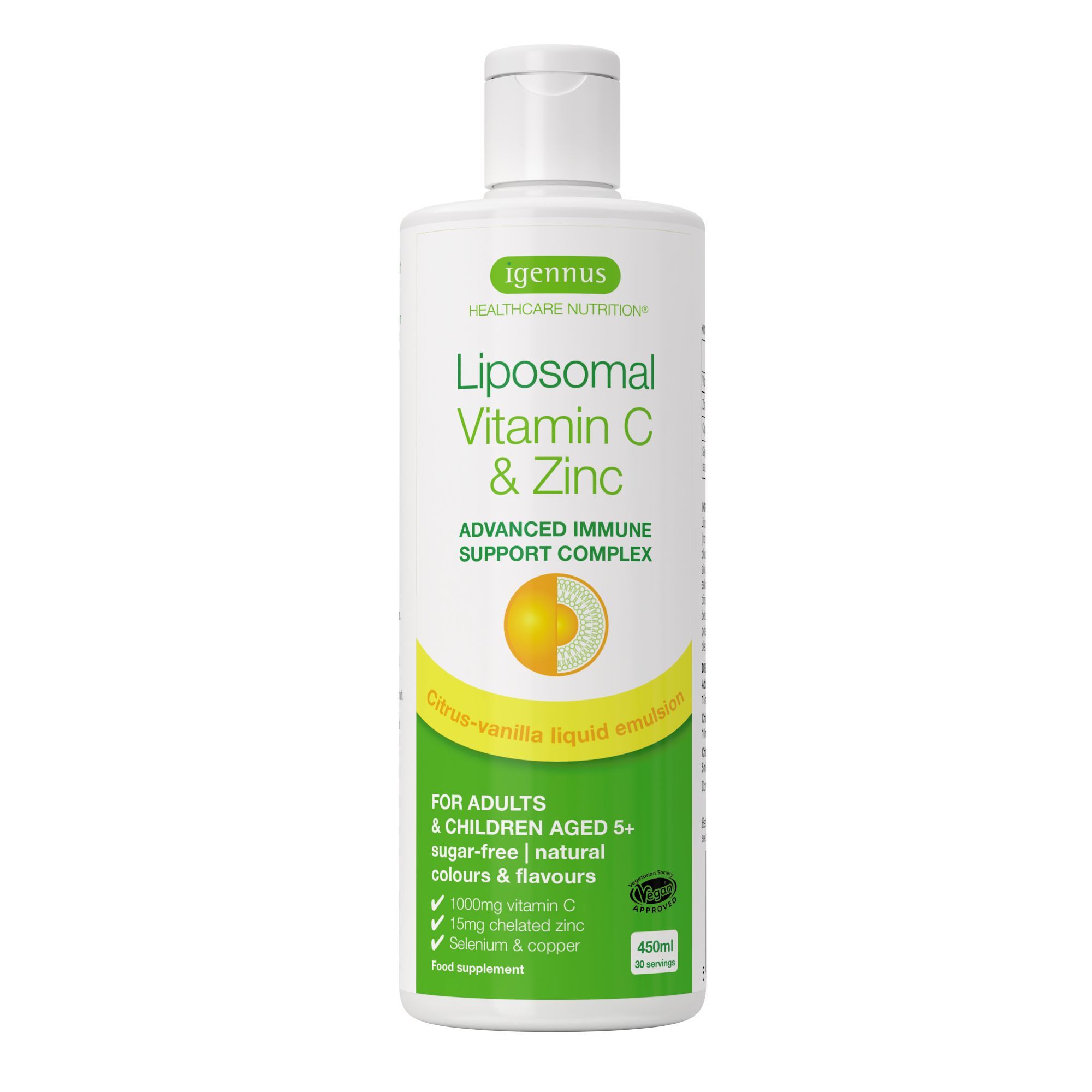 Flasche mit flüssigem Vitamin C & Zink, Zitrone-Vanille Geschmack.
