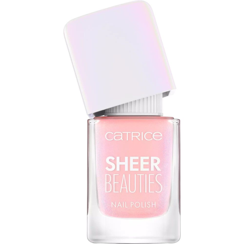 Catrice Sheer Beauties Nagellack, rosa. Flasche mit geöffnetem Deckel. Produktname und Marke sind sichtbar.