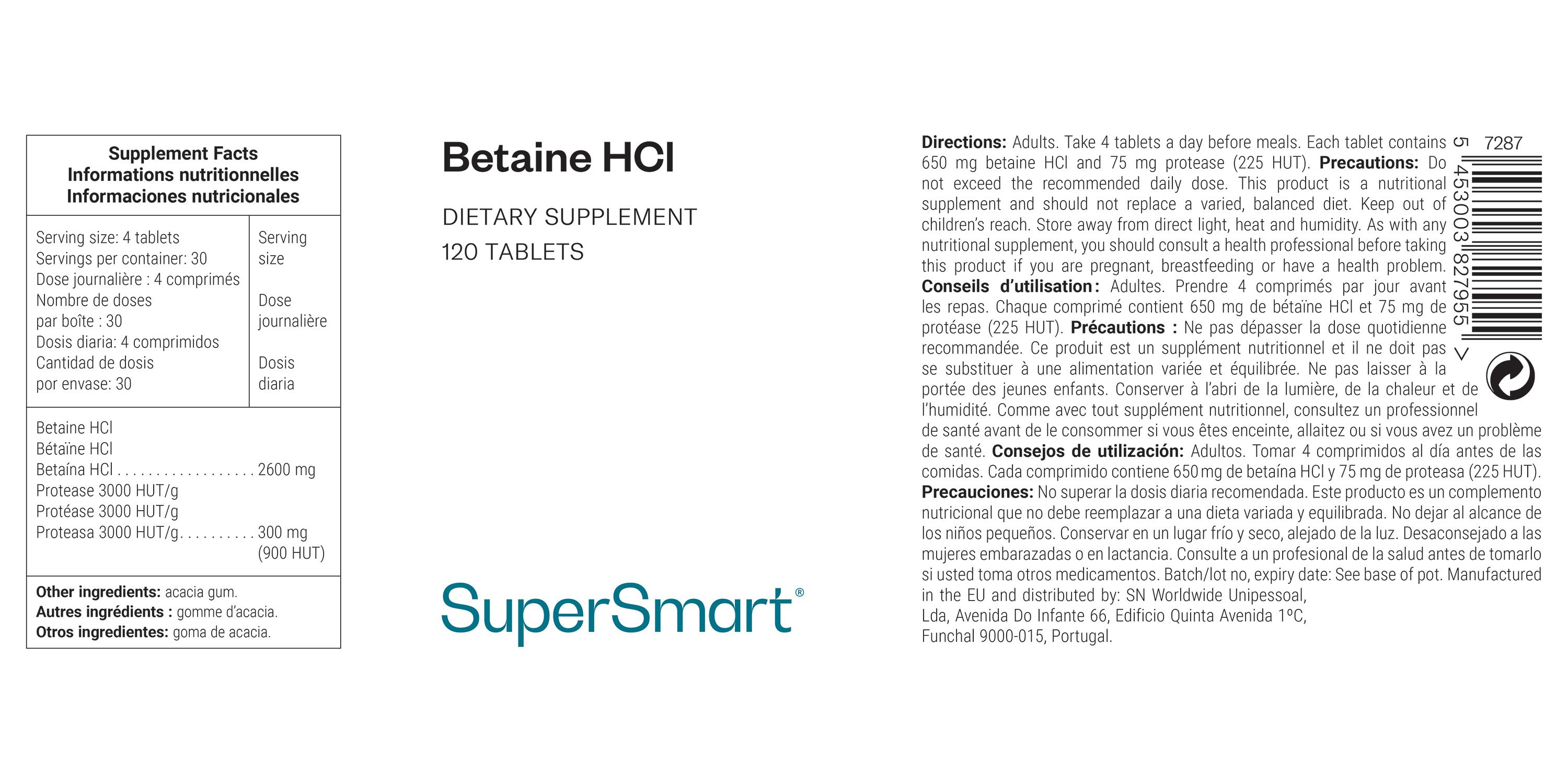 Etikett mit Informationen zu Betaine HCl. Enthält Nährwertangaben, Inhaltsstoffe, Dosierung und Warnhinweise. Logo: SuperSmart.
