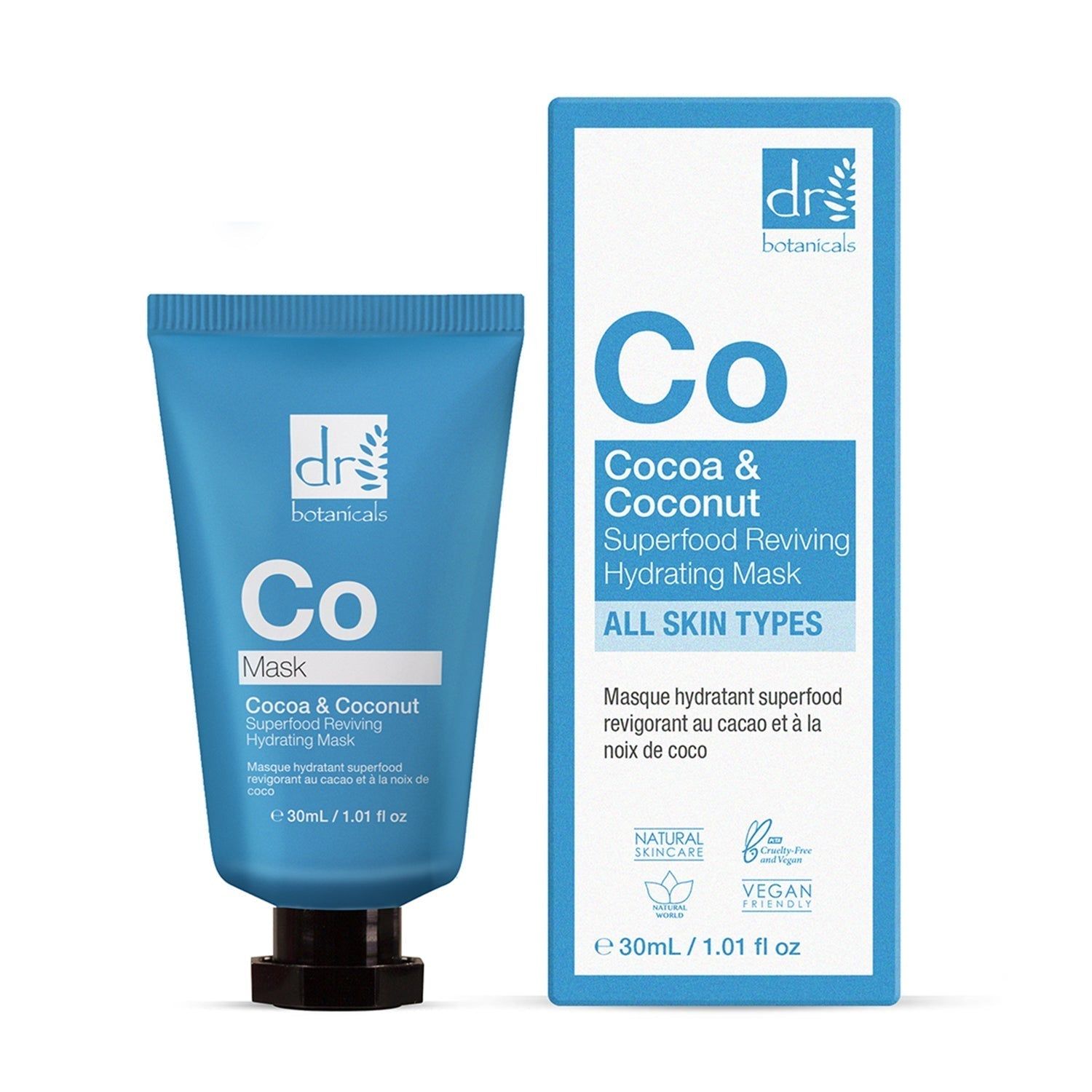 Blaue Tube und Verpackung. Aufschrift: Co Mask, Cocoa & Coconut Superfood Reviving Hydrating Mask. Marke: dr botanicals. Verpackung mit Logos.