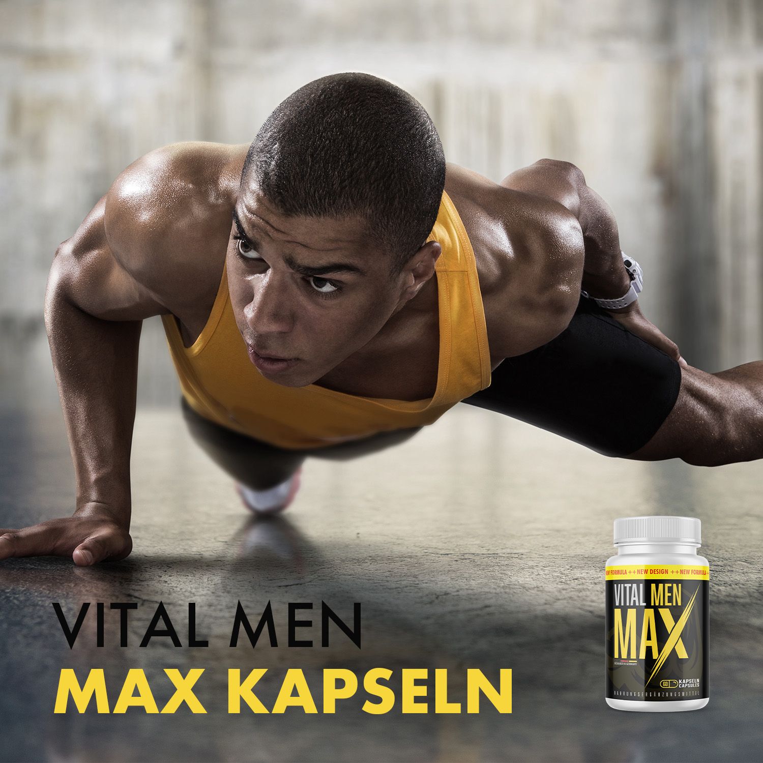 Mann beim Liegestütz, daneben Flasche VITAL MEN MAX. Gelber Text: VITAL MEN MAX KAPSELN.