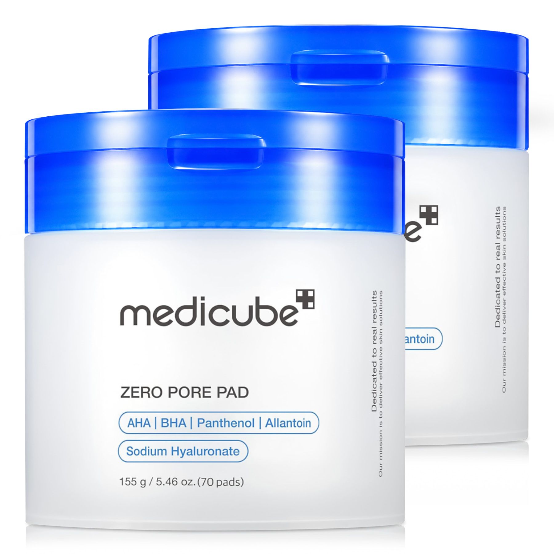 Zwei Medicube Zero Pore Pads Behälter mit blauen Deckeln.
