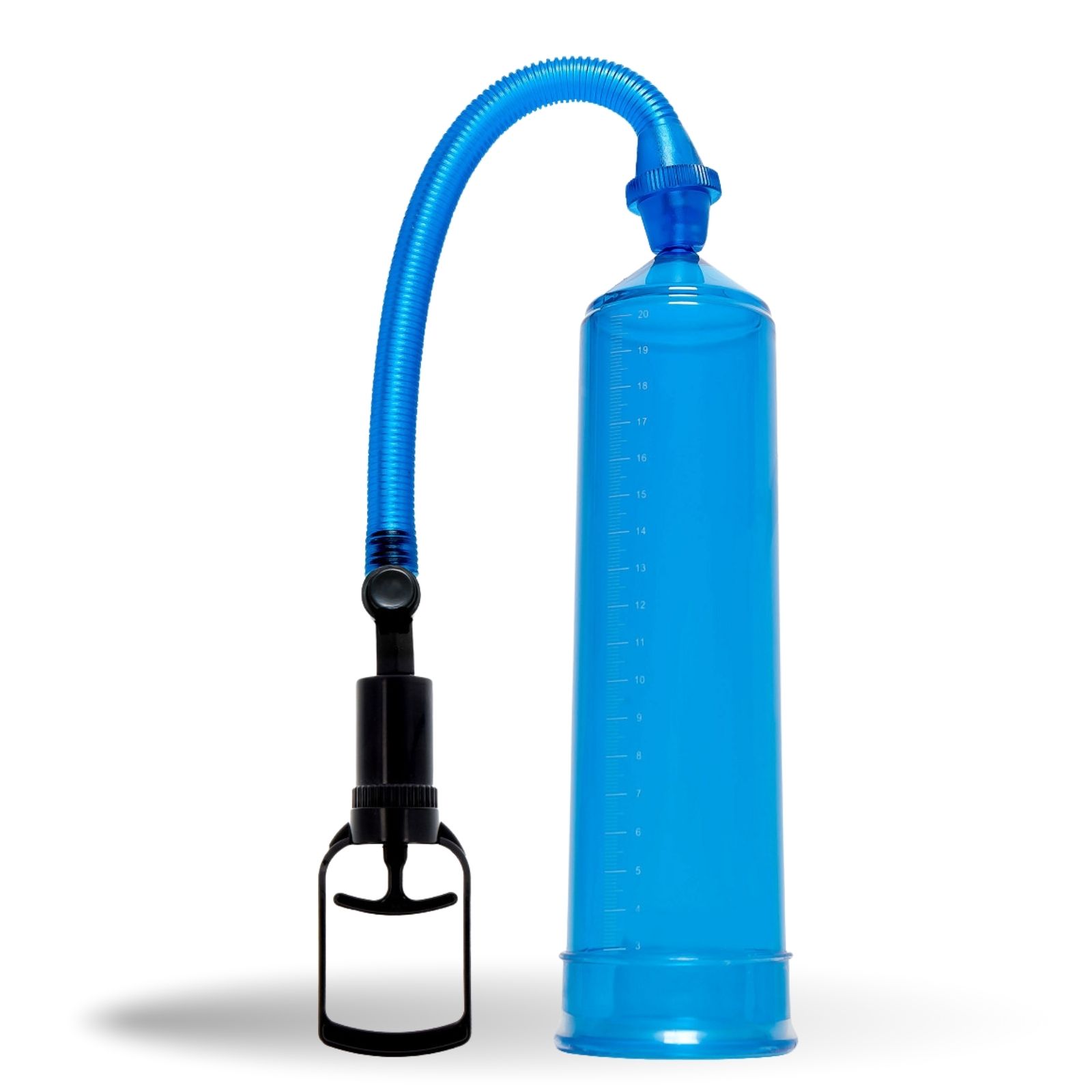 Blaue Penis-Pumpe mit Schlauch und Griff. Auf weißem Hintergrund. Mit Messskala.