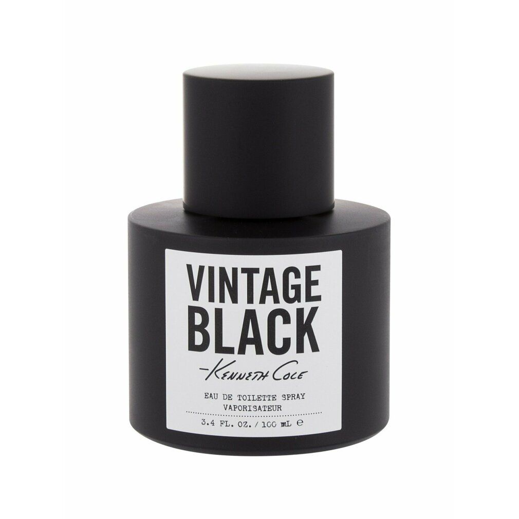 Schwarzer Flakon mit schwarzem Deckel. Weißes Etikett mit Aufschrift: VINTAGE BLACK -Kenneth Cole-. Eau de Toilette Spray. 3.4 FL. OZ. / 100 ml.